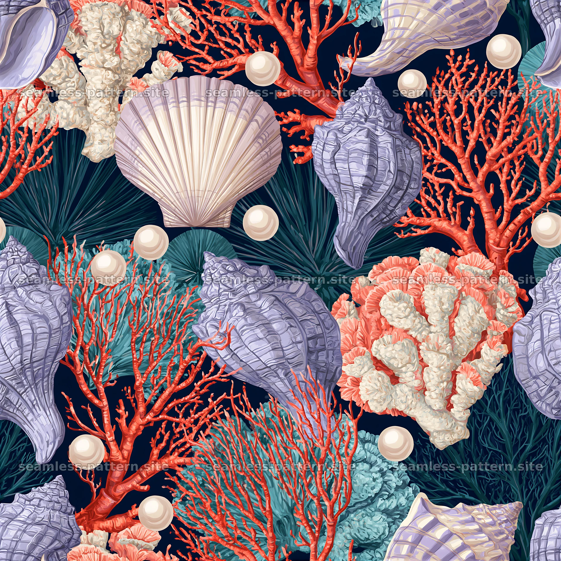 Colorful gouache seamless pattern with shells and corals on dark background — seamless tileable pattern at 8192x8192