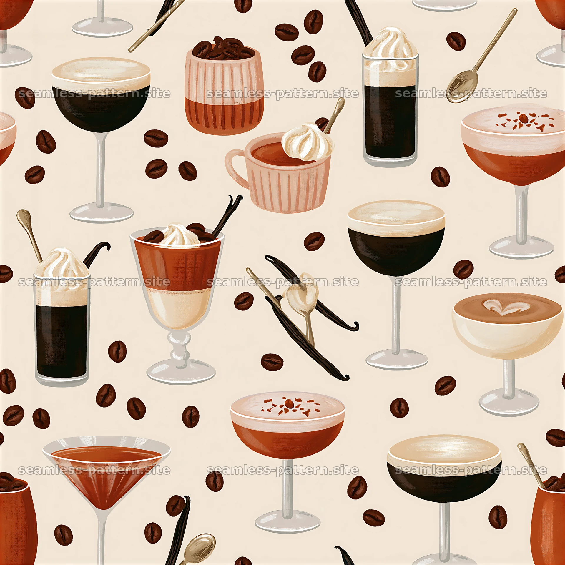 Seamless coffee cocktail pattern with drinks and coffee beans — seamless tileable pattern at 8192x8192
