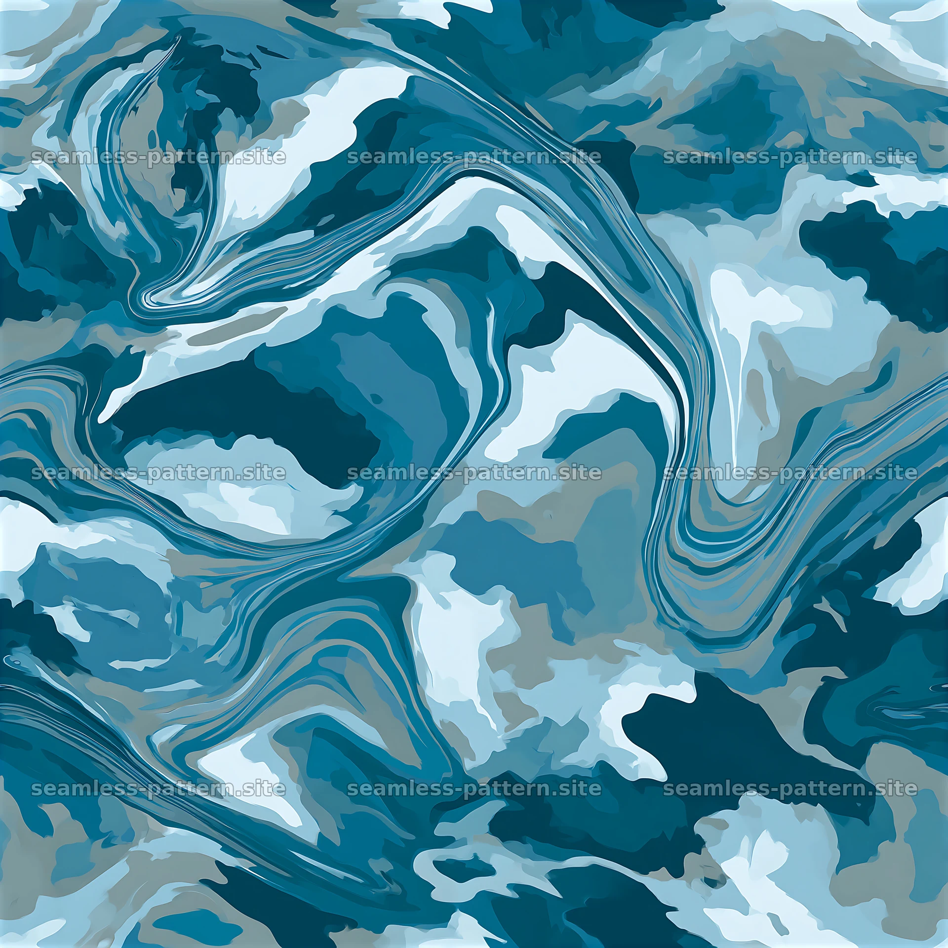 Seamless blue camouflage marble pattern in abstract swirling shapes — seamless tileable pattern at 8192x8192