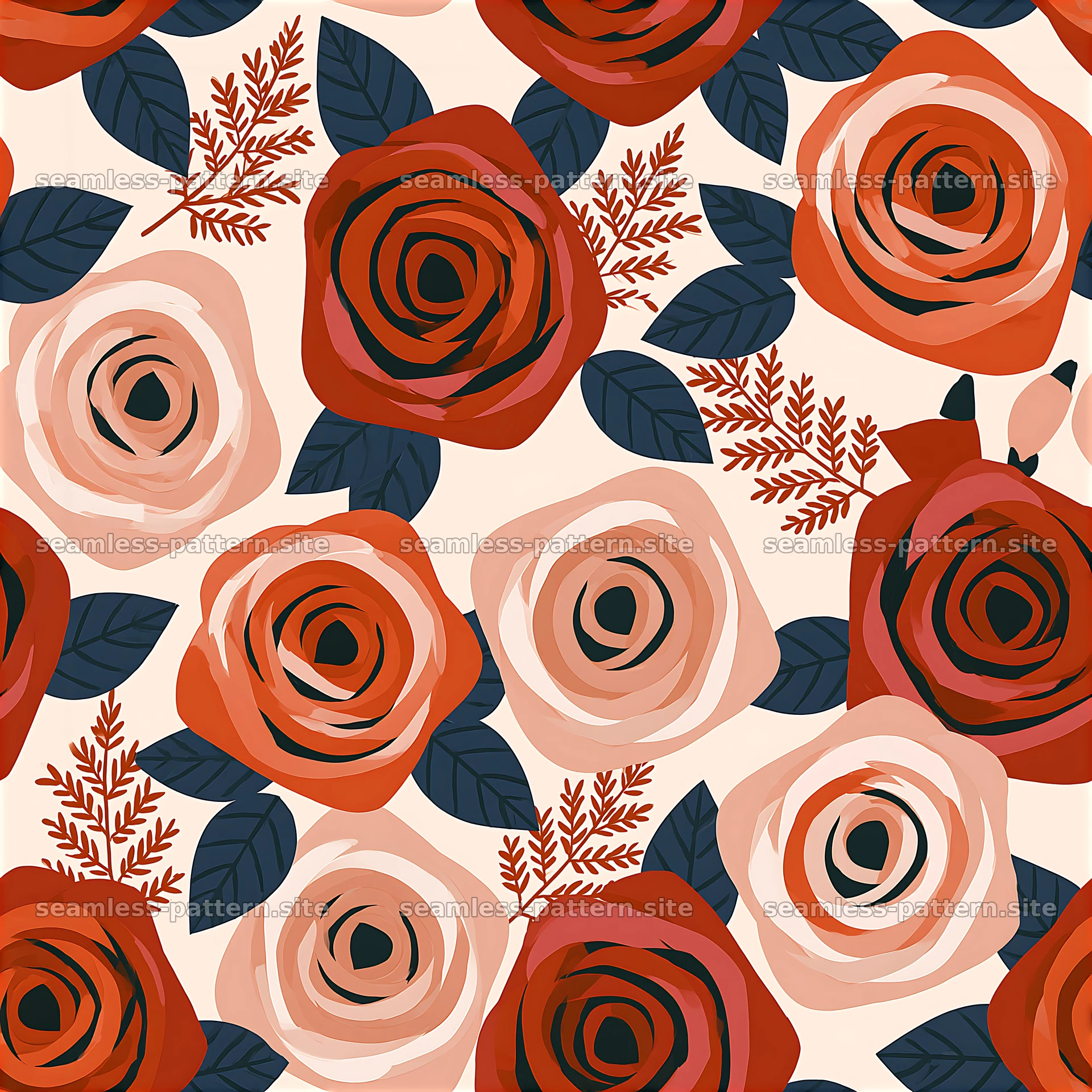 Colorful Rose Floral Seamless Pattern with Leaves — seamless tileable pattern at 8192x8192