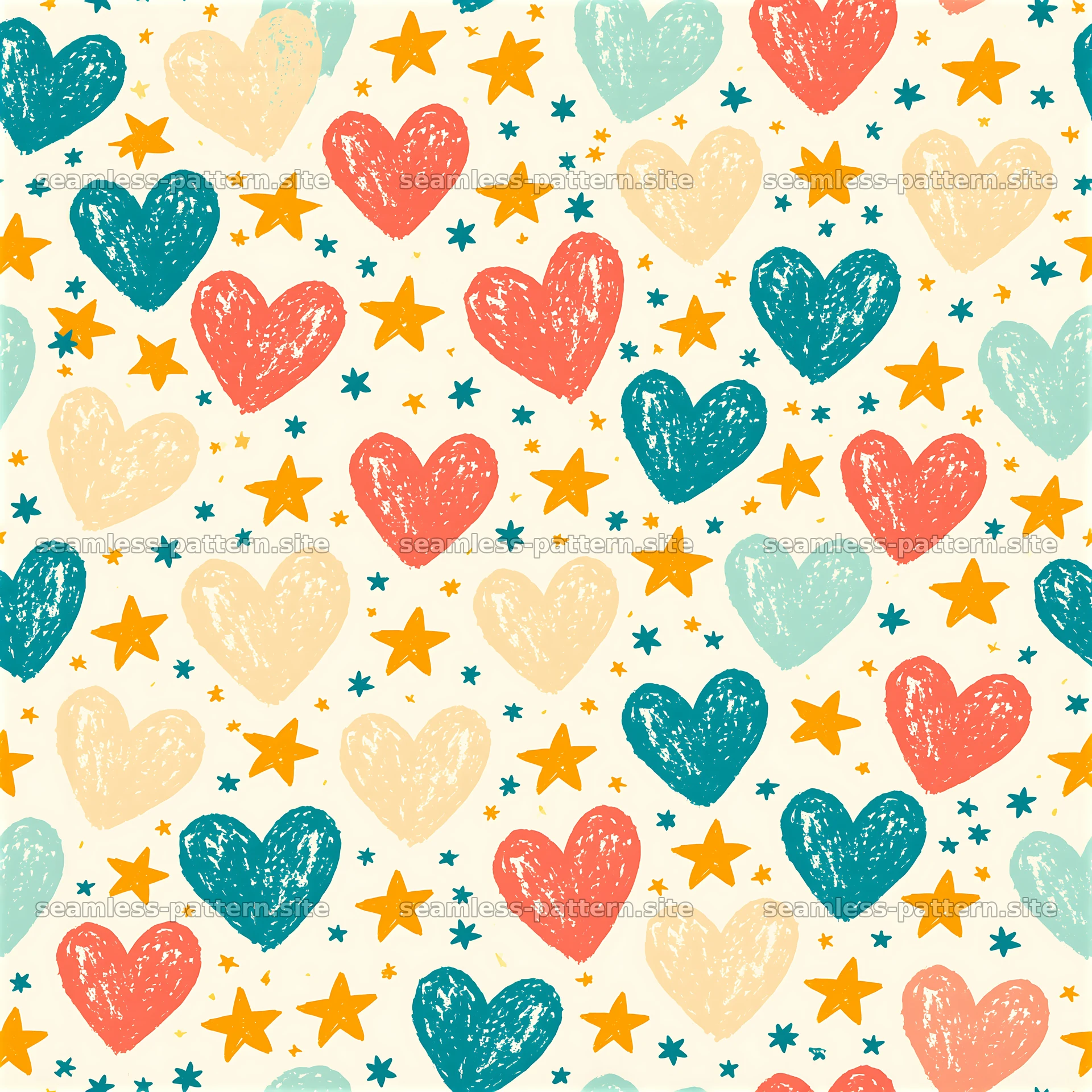 Seamless heart and star pattern with bright colors and playful shapes — seamless tileable pattern at 8192x8192