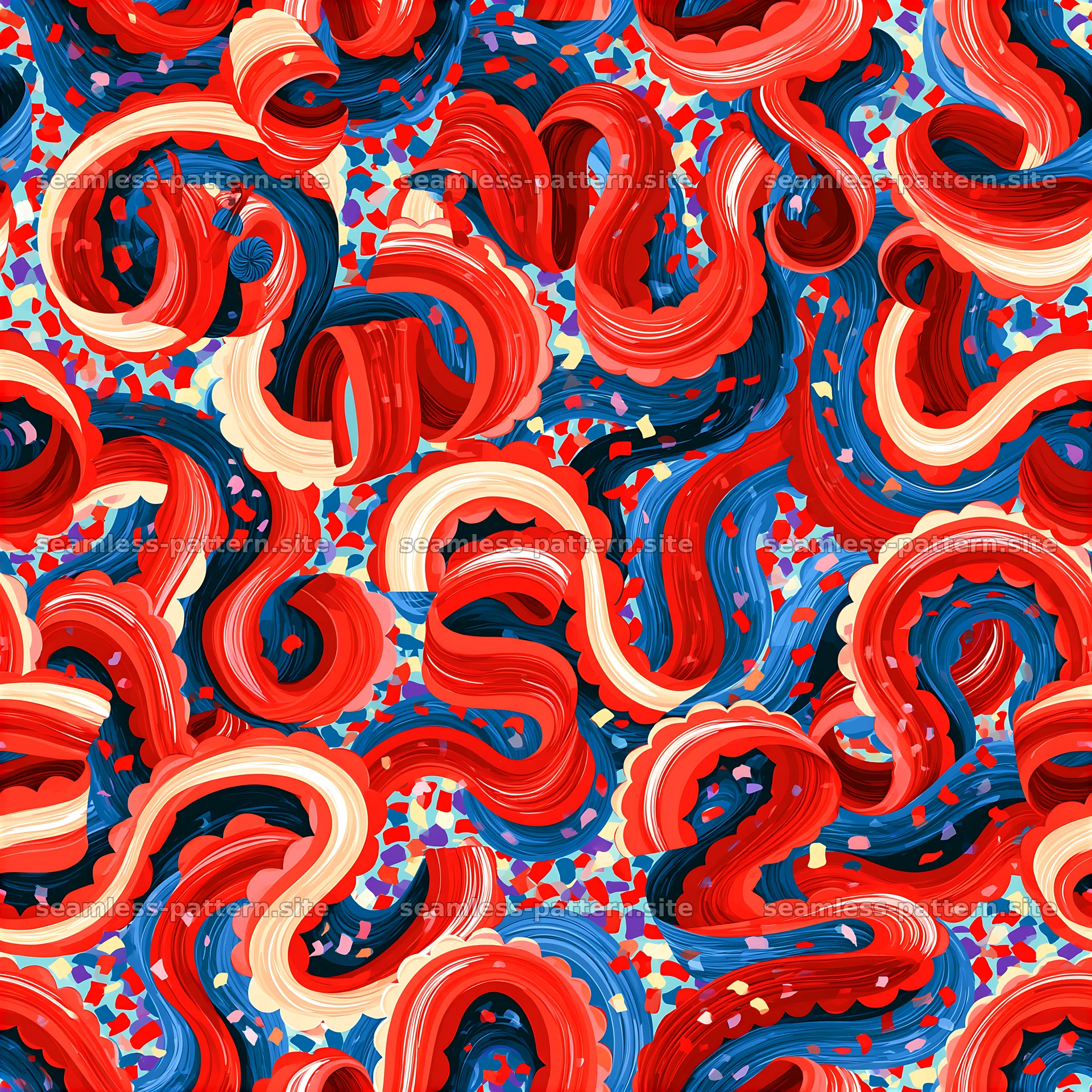 Colorful Curled Streamers and Confetti Seamless Pattern — seamless tileable pattern at 8192x8192