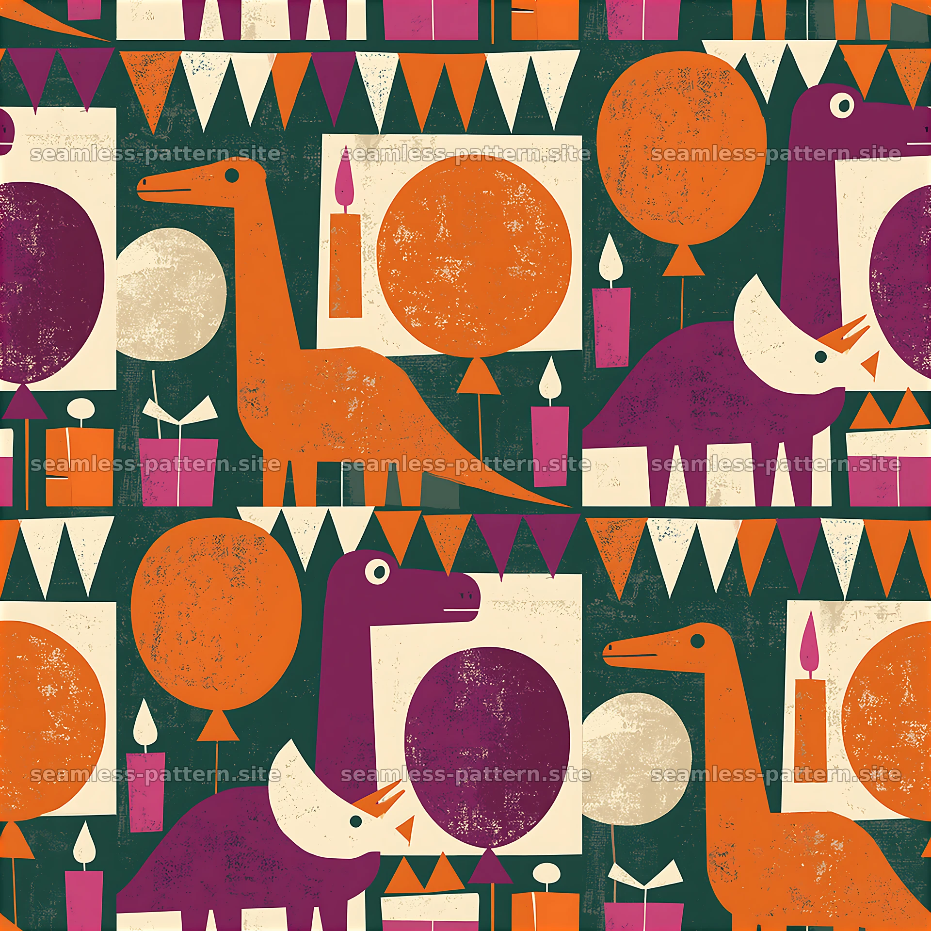 Colorful dinosaurs celebrate in a fun seamless pattern — seamless tileable pattern at 8192x8192