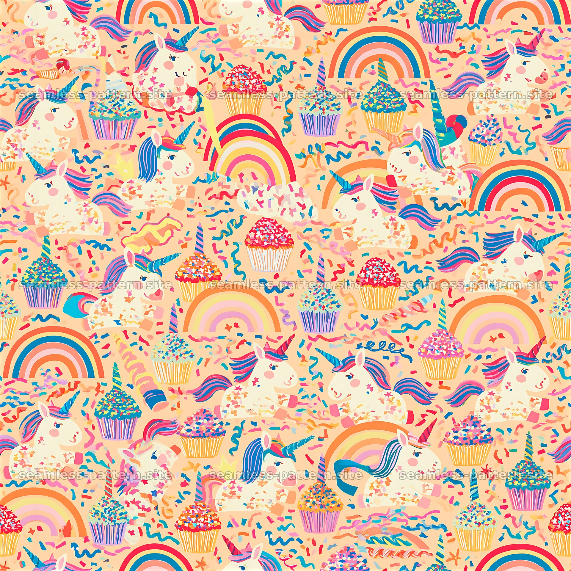 Colorful unicorns and cakes in a playful seamless pattern — seamless tileable pattern at 8192x8192