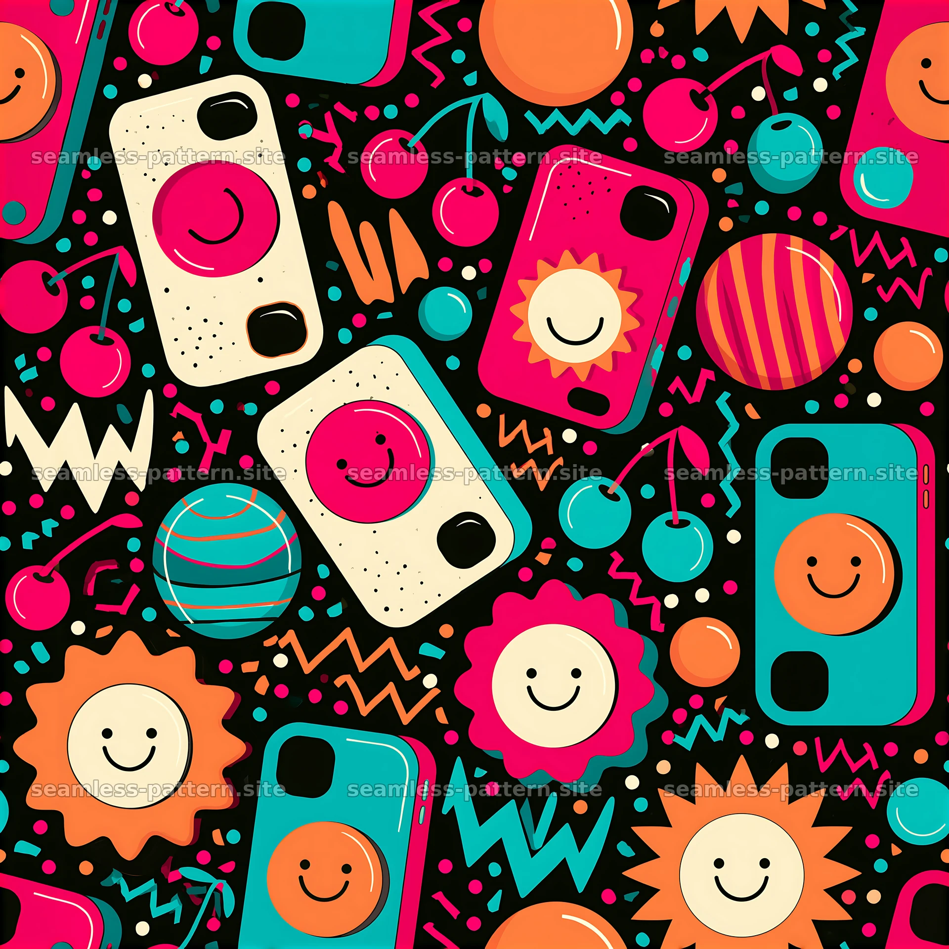 Funky phone case seamless pattern with playful shapes and colors — seamless tileable pattern at 8192x8192