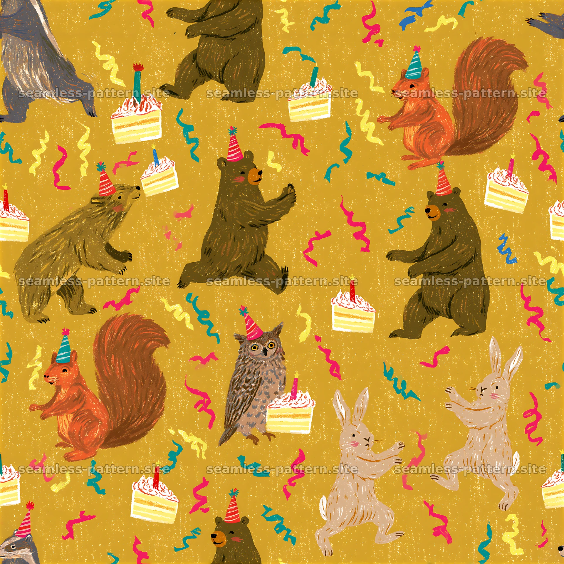 Birthday Woodland Animals Seamless Pattern — seamless tileable pattern at 8192x8192
