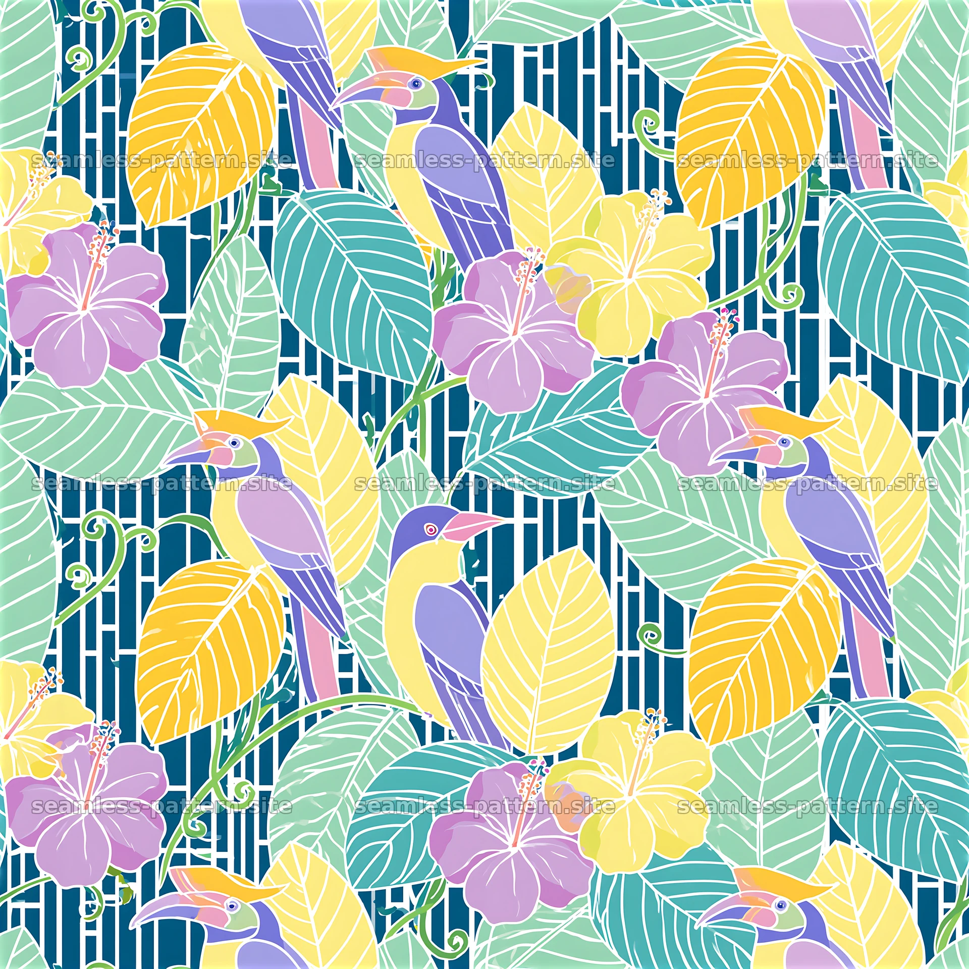 Colorful Tropical Birds and Hibiscus Seamless Pattern — seamless tileable pattern at 8192x8192