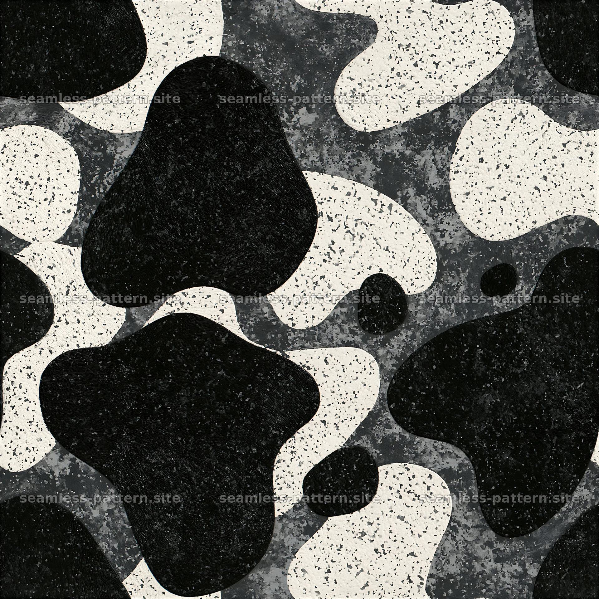 Seamless high contrast cowhide pattern with black and white shapes — seamless tileable pattern at 8192x8192