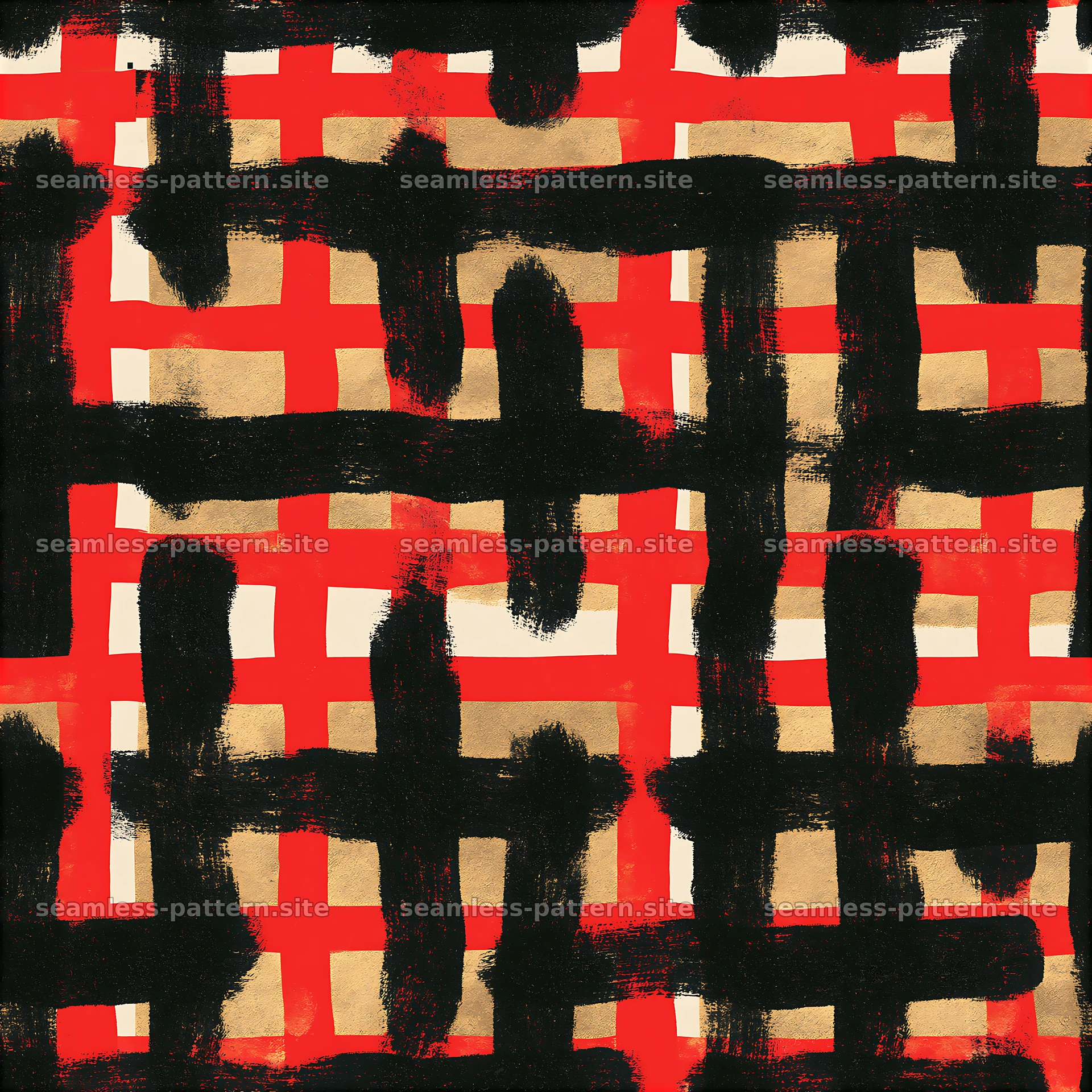Abstract Black Red and Gold Brushstroke Grid Pattern — seamless tileable pattern at 8192x8192
