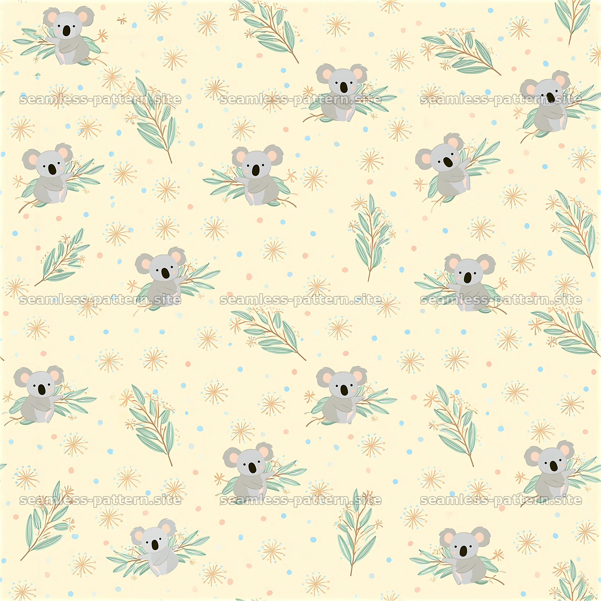 Adorable Koala and Eucalyptus Seamless Pattern — seamless tileable pattern at 8192x8192