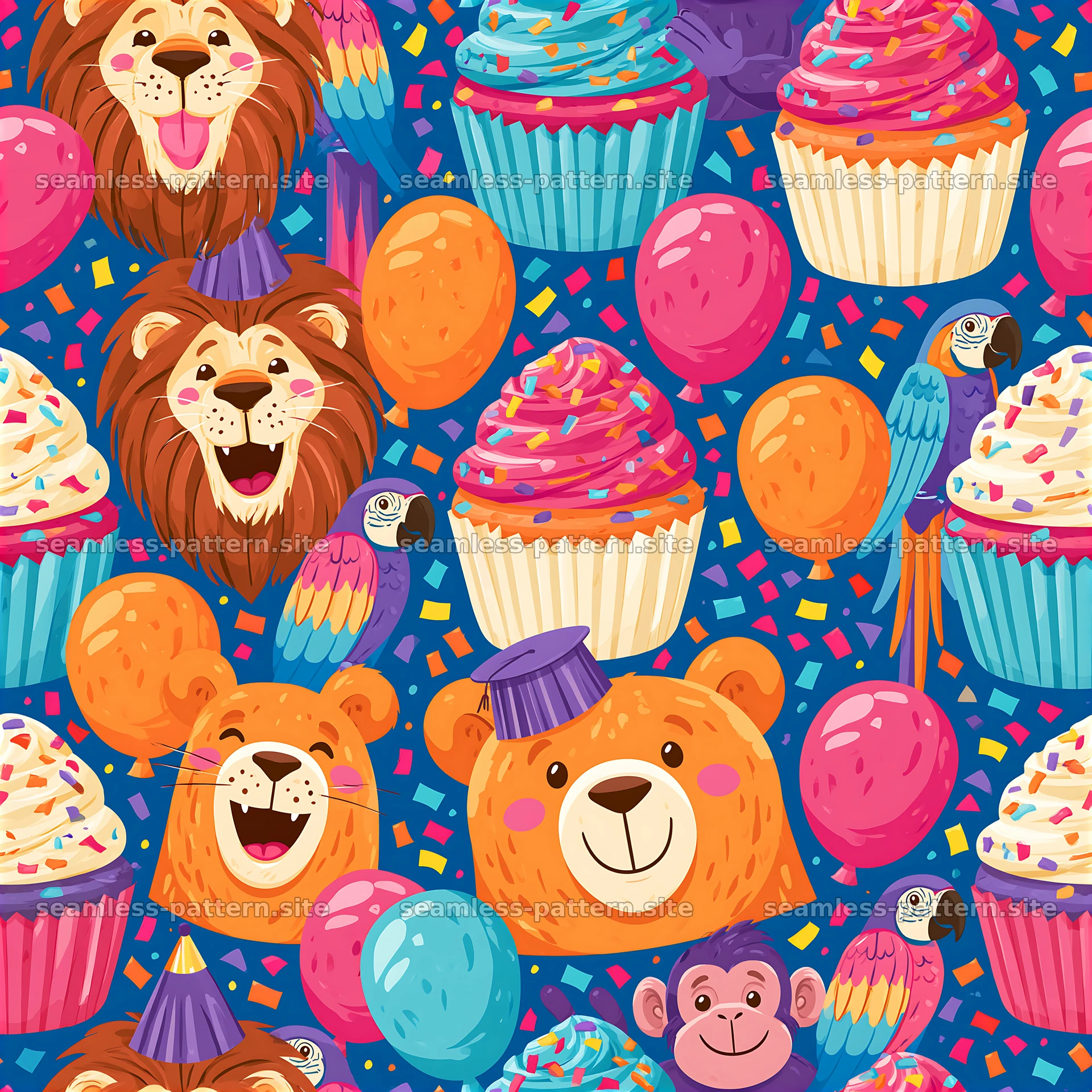 Colorful theme with animals and birthday party elements — seamless tileable pattern at 8192x8192