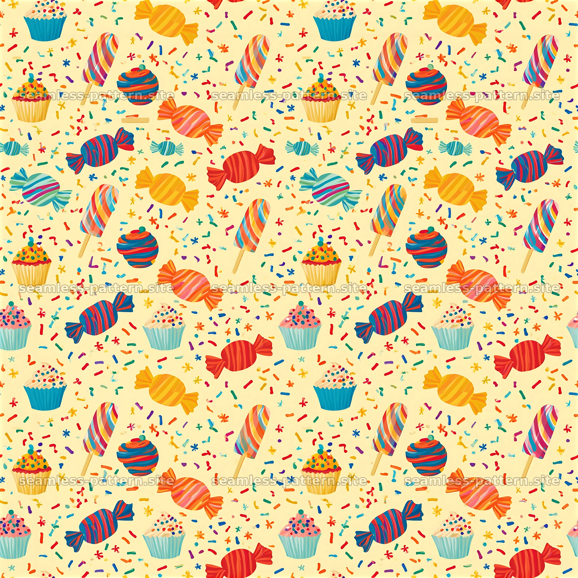 Colorful candy and cupcake seamless pattern on a light background — seamless tileable pattern at 8192x8192