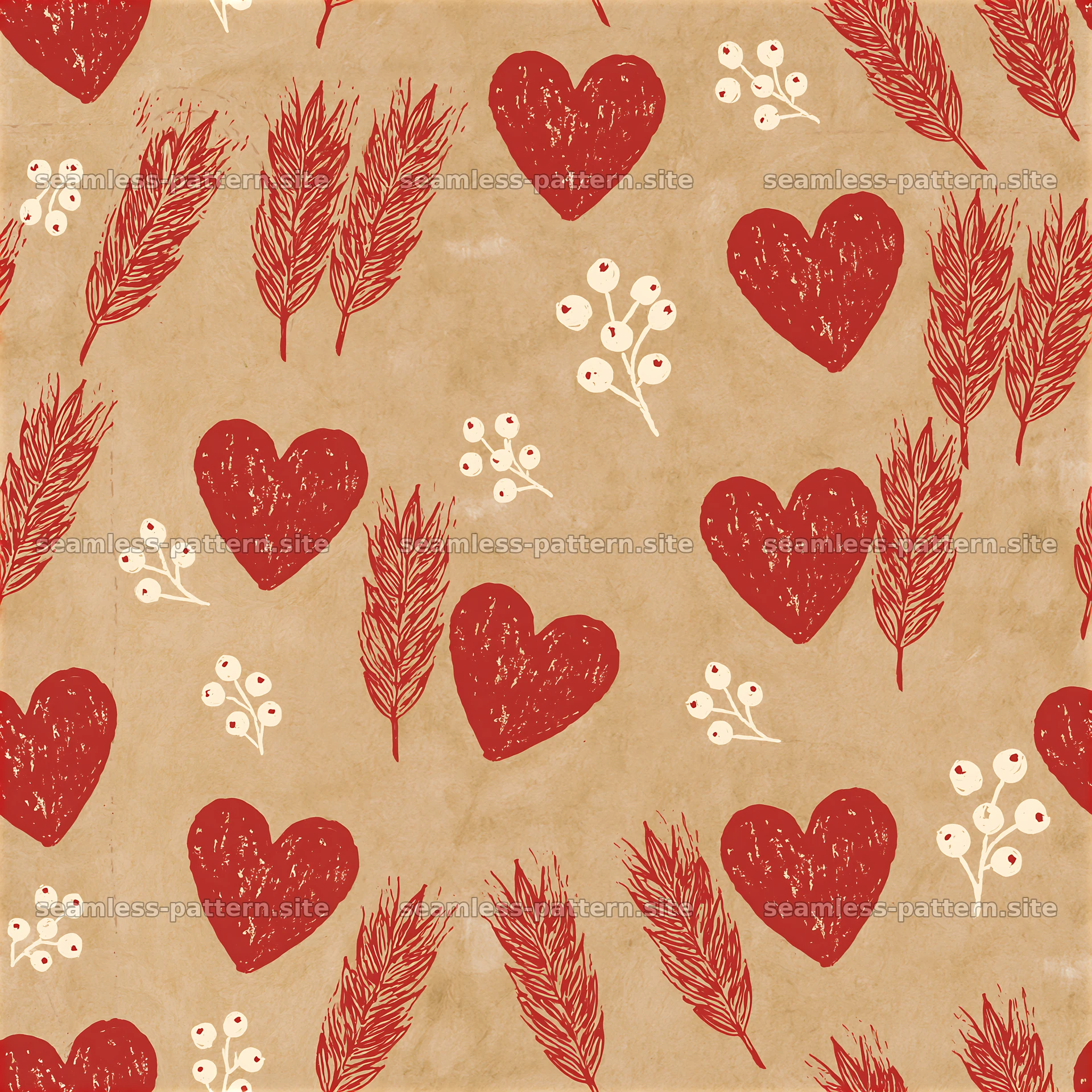 Seamless Red Heart and Winter Botanical Pattern — seamless tileable pattern at 8192x8192