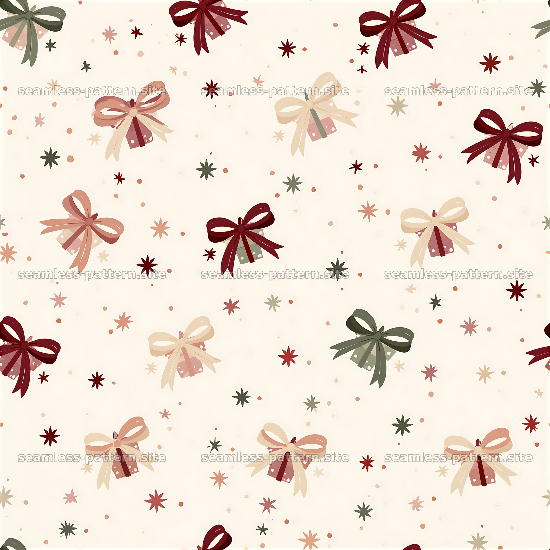 Colorful bow pattern with small stars on a light background — seamless tileable pattern at 8192x8192