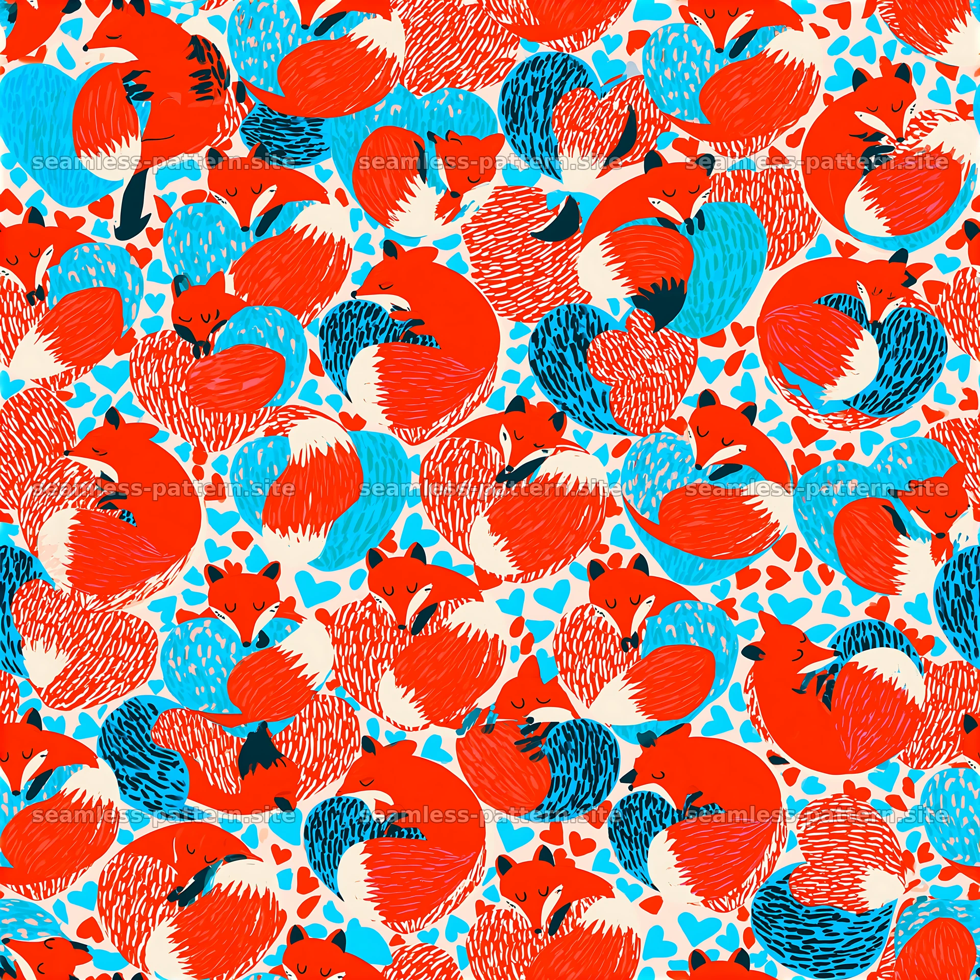 Colorful seamless pattern of hearts and foxes — seamless tileable pattern at 8192x8192