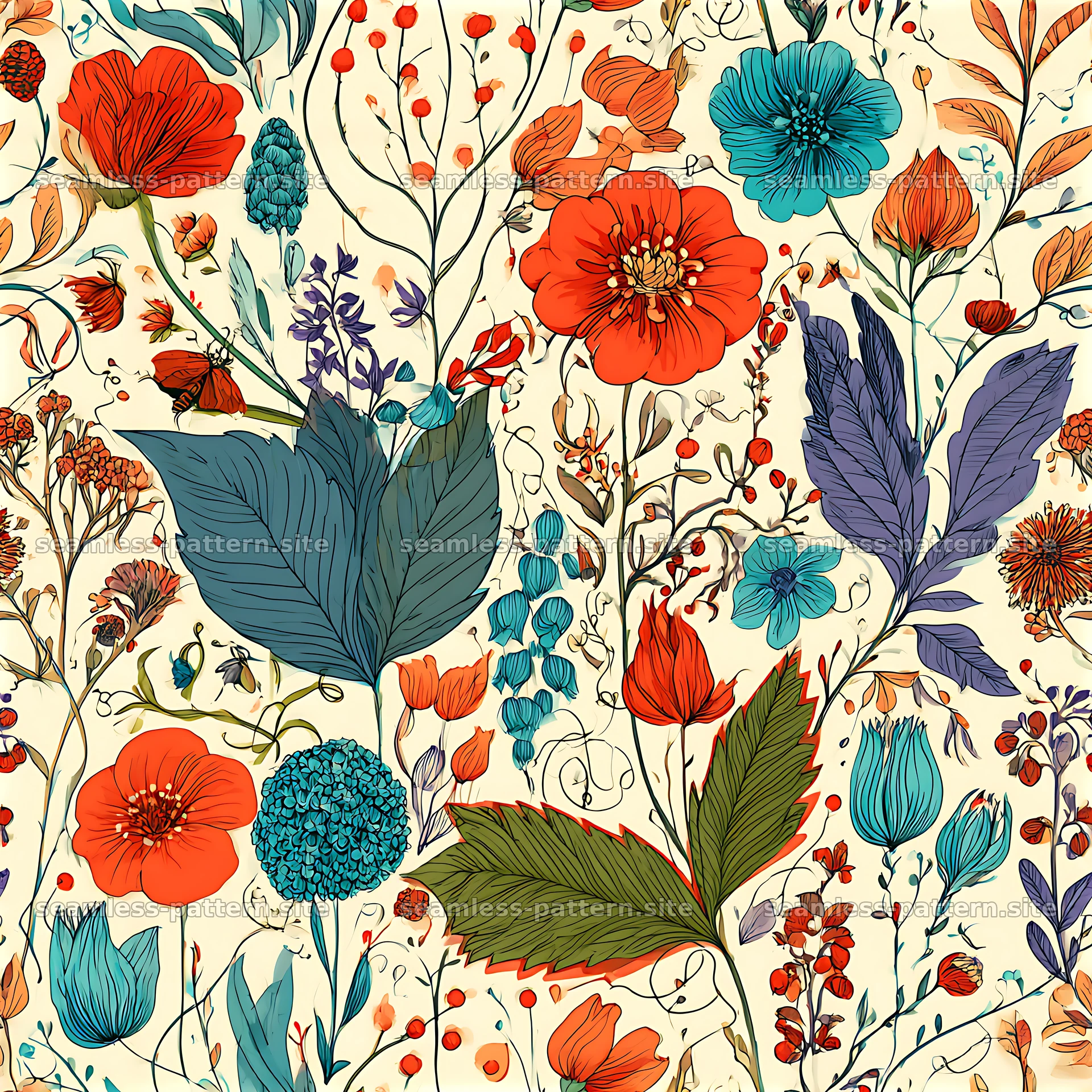Colorful botanical doodles seamless pattern with flowers and leaves — seamless tileable pattern at 8192x8192