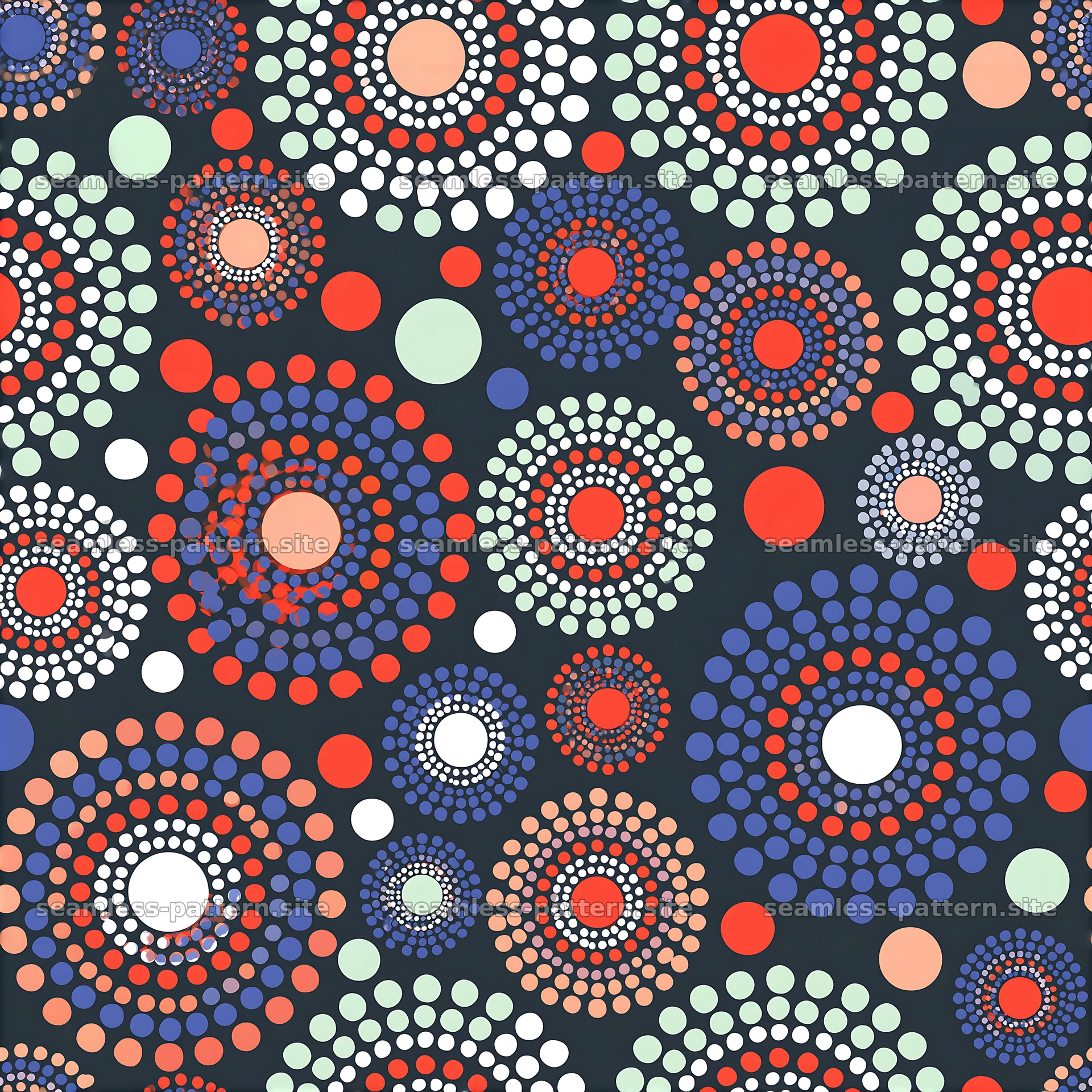 Colorful polka dot pattern with round shapes on dark background — seamless tileable pattern at 8192x8192