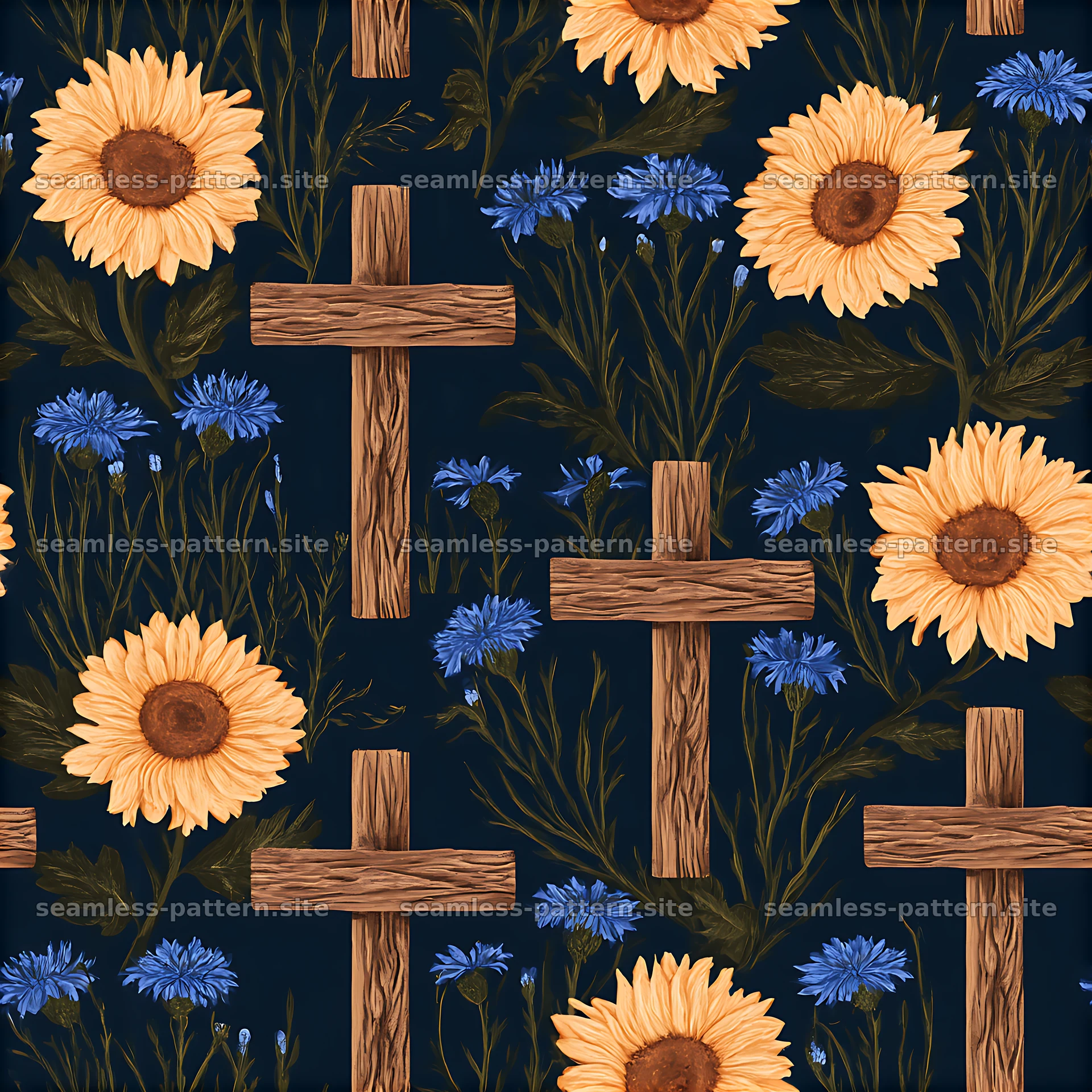 Seamless pattern of simple wooden crosses and wildflowers — seamless tileable pattern at 8192x8192