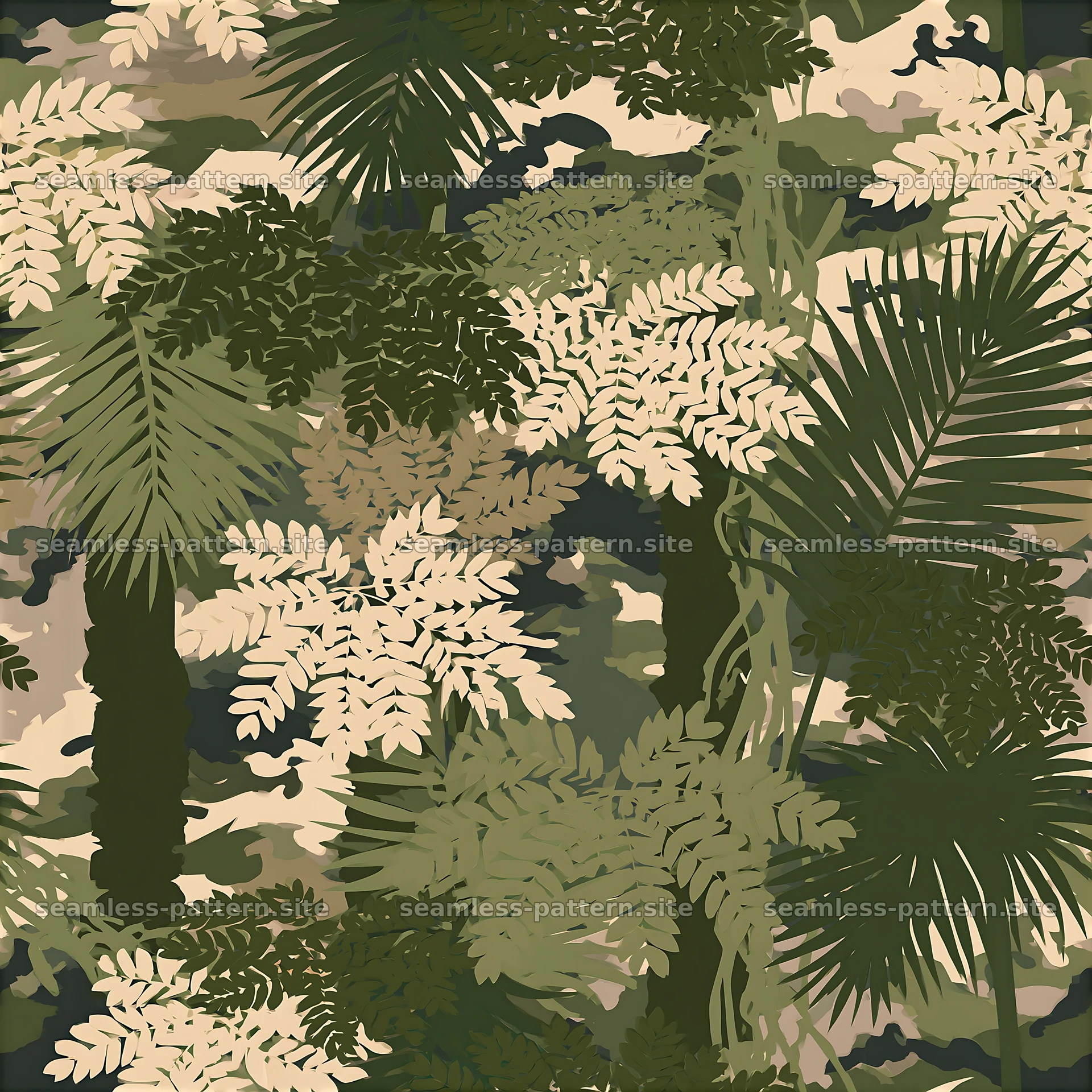 Seamless camouflage pattern with jungle foliage silhouettes in green — seamless tileable pattern at 8192x8192
