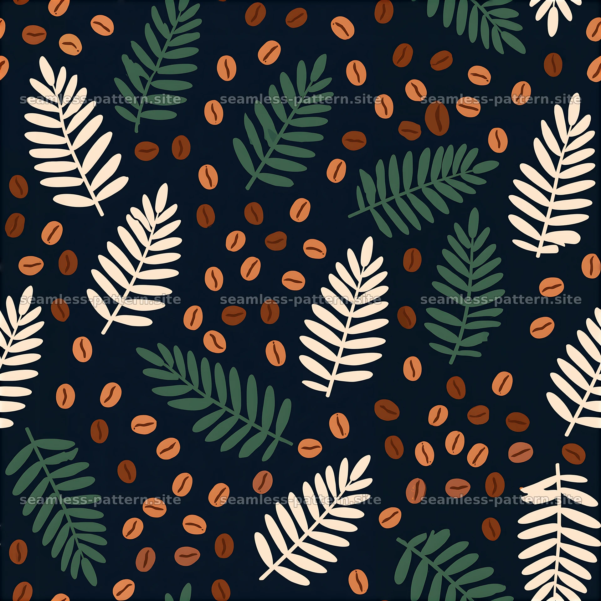 Coffee Beans and Botanical Foliage Seamless Pattern — seamless tileable pattern at 8192x8192