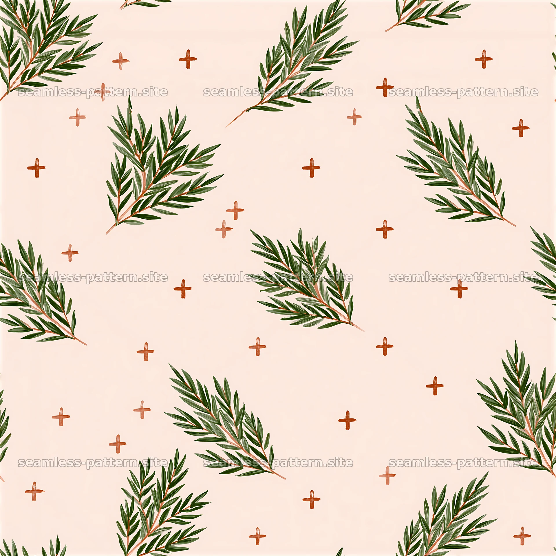 Tileable pattern of olive branches and small crosses in soft colors — seamless tileable pattern at 8192x8192