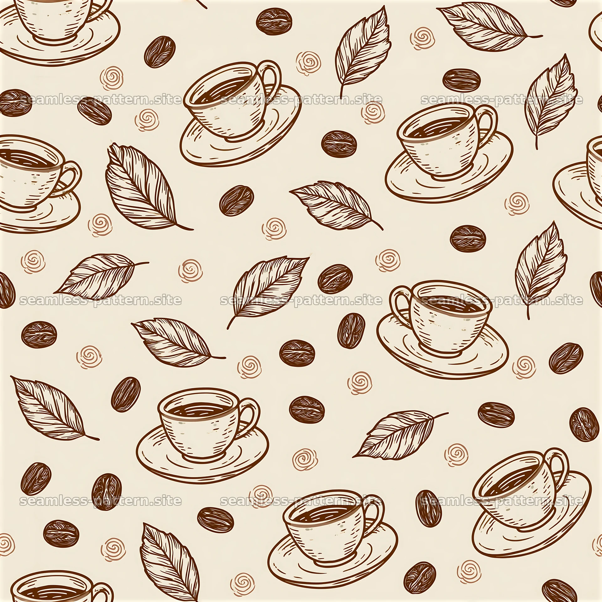 Coffee cups and leaves seamless pattern in line art style — seamless tileable pattern at 8192x8192