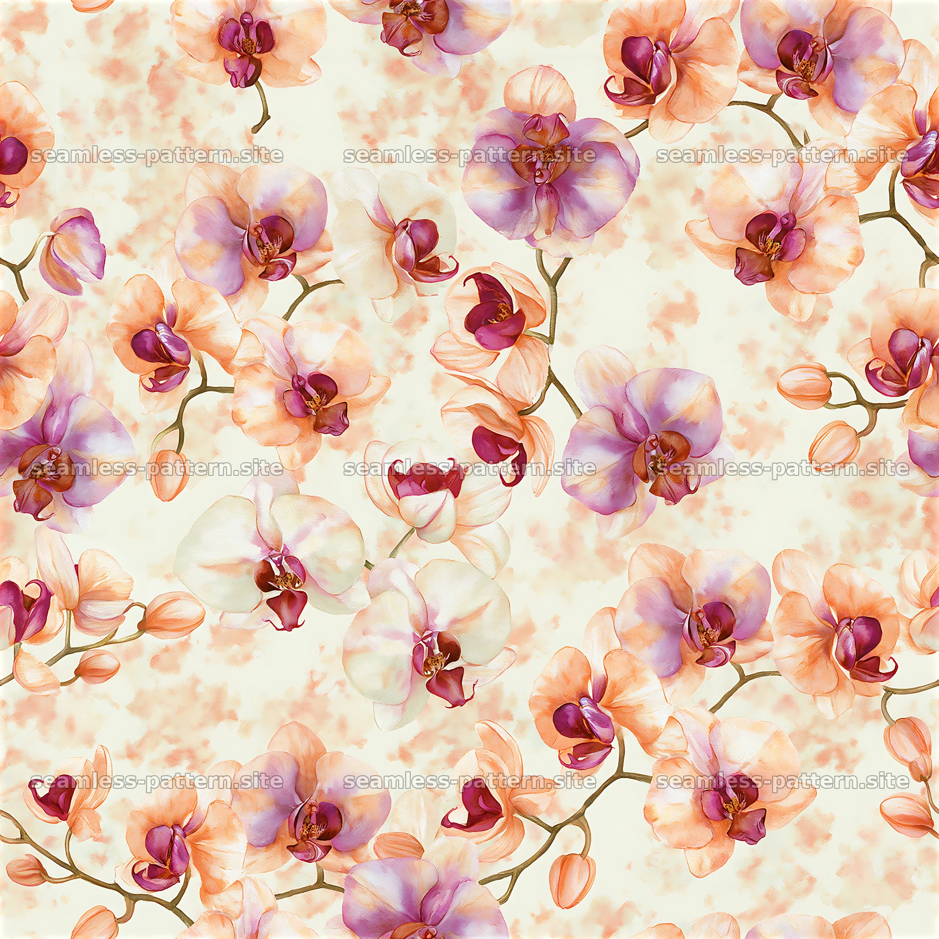 Repeating watercolor orchid pattern on a light background — seamless tileable pattern at 8192x8192
