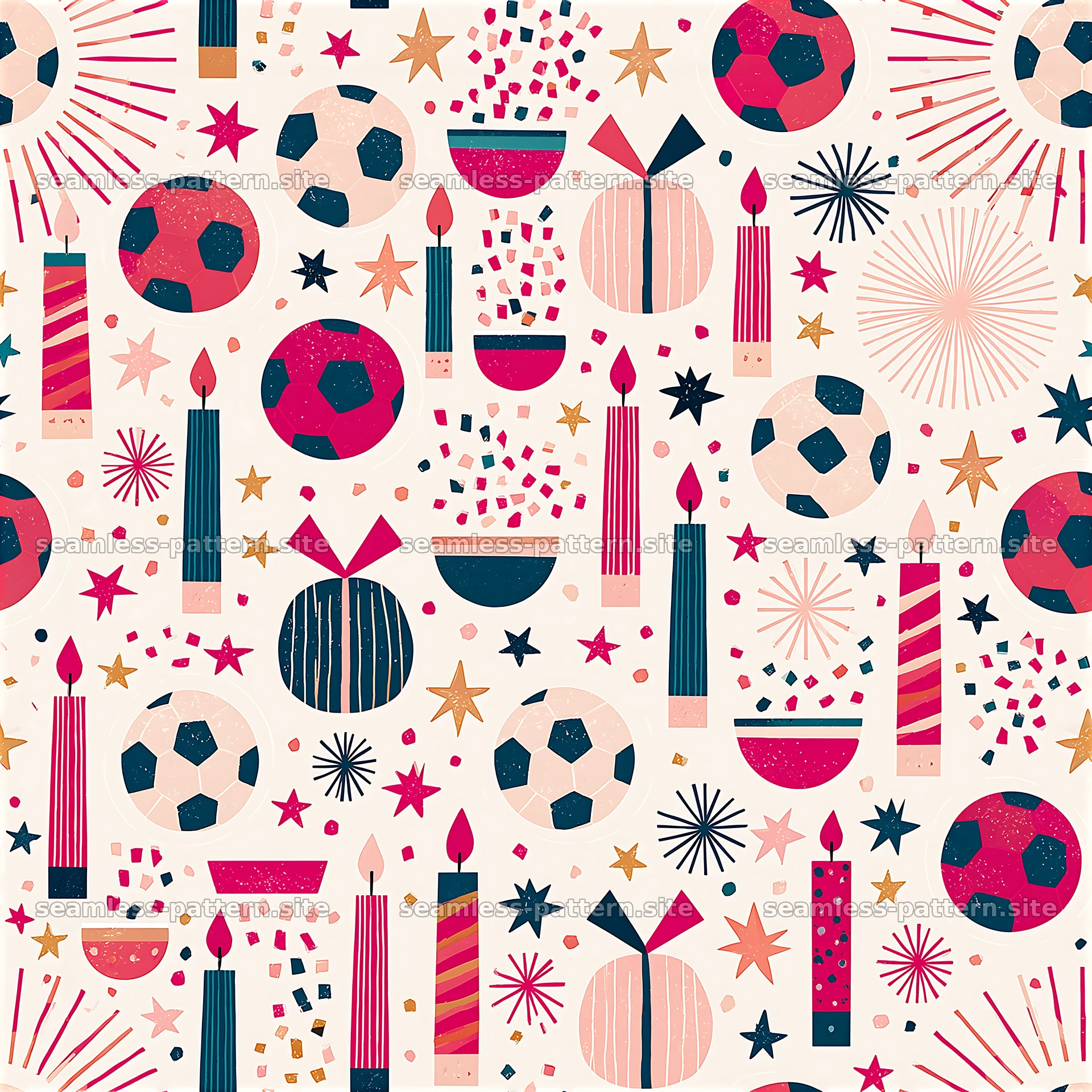 Colorful soccer ball pattern with candles and stars — seamless tileable pattern at 8192x8192