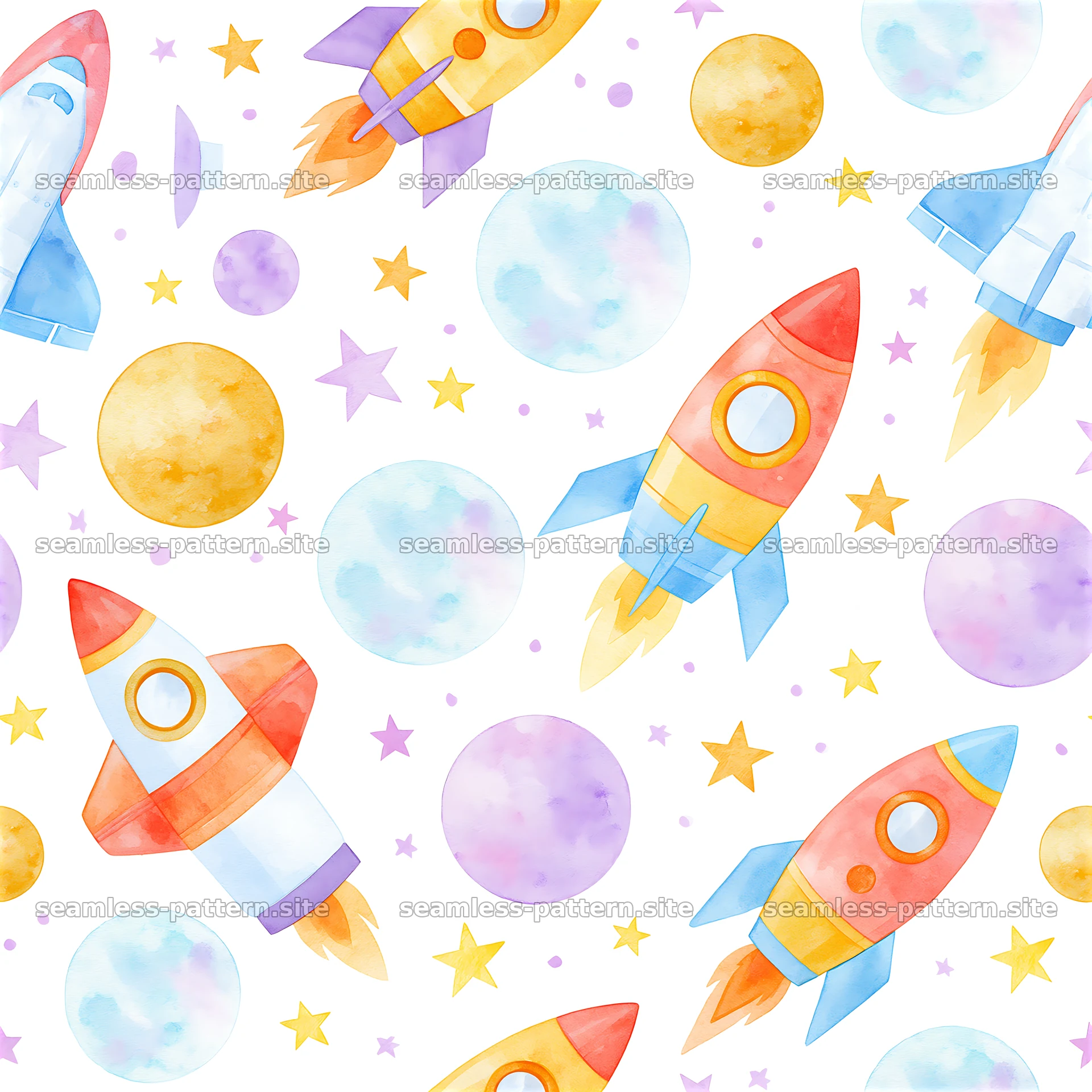 Colorful rockets in a playful arrangement create a seamless pattern — seamless tileable pattern at 8192x8192