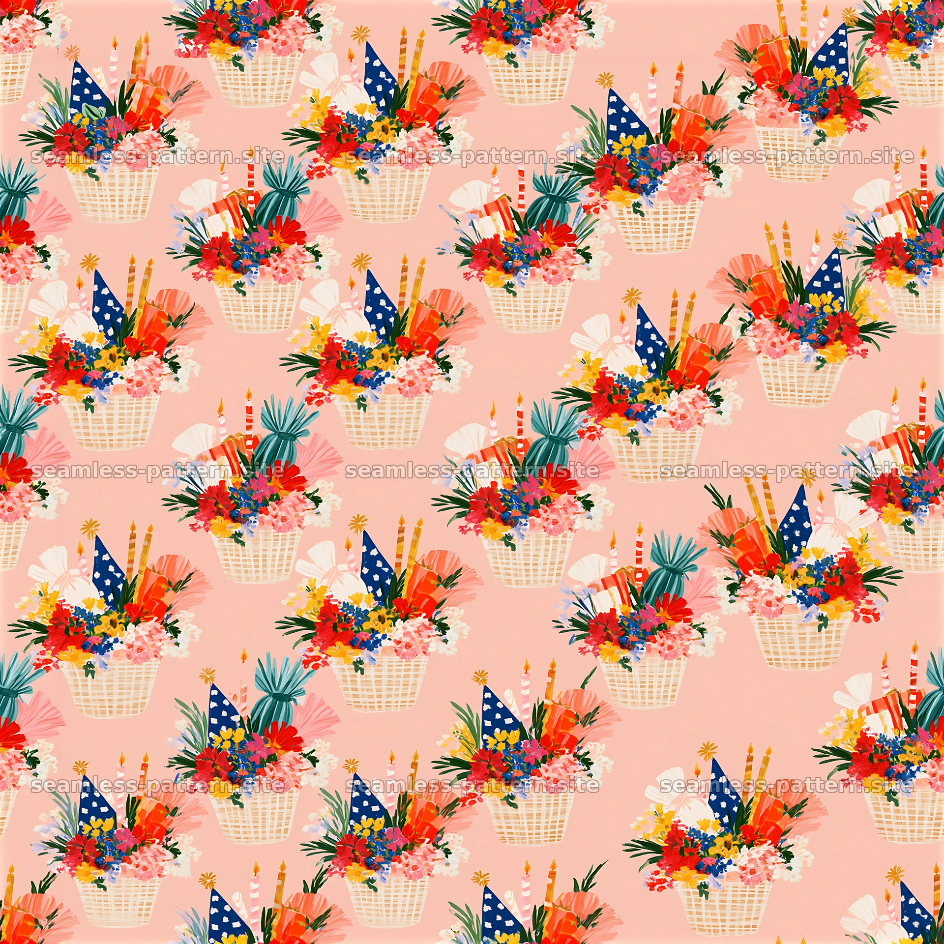 Repeat pattern with birthday gift baskets featuring floral — seamless tileable pattern at 8192x8192