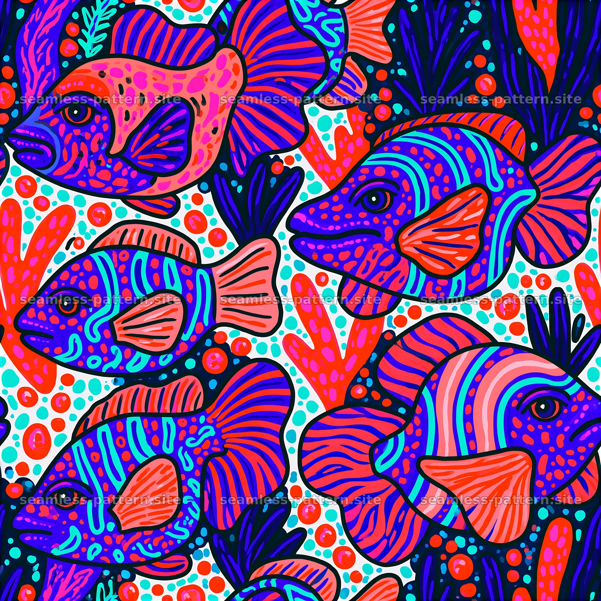 Colorful fish pattern with bold shapes and vivid colors — seamless tileable pattern at 8192x8192