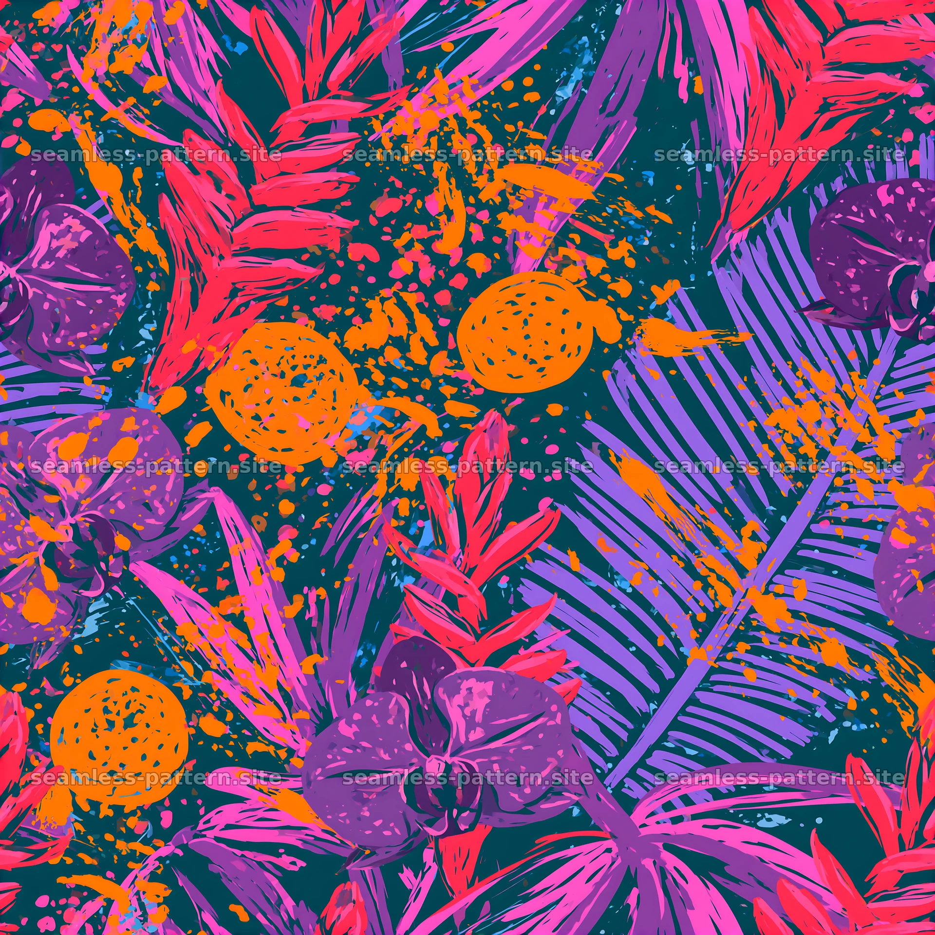 Vibrant floral design with leaves and fruit in bold colors — seamless tileable pattern at 8192x8192