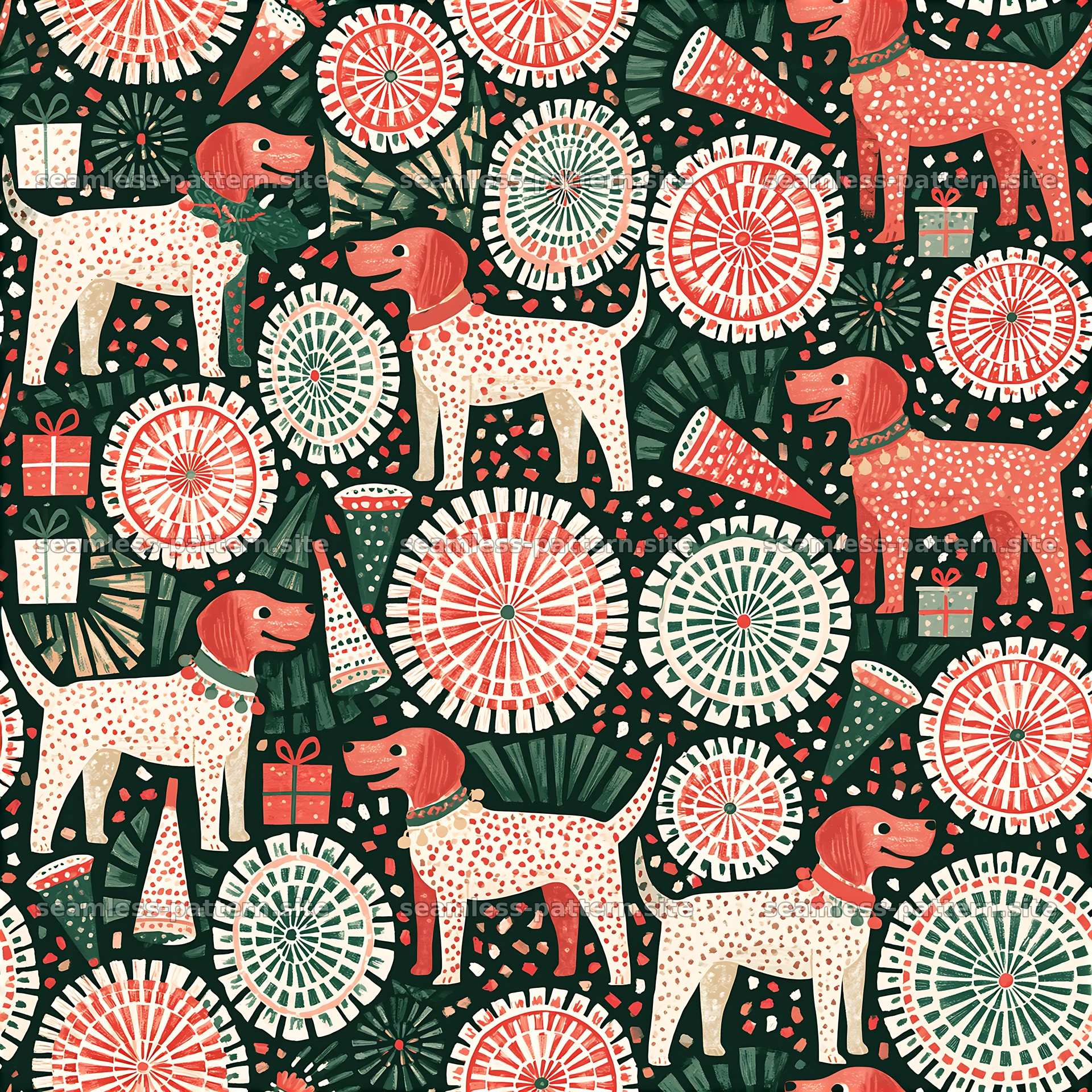Colorful pattern featuring playful dogs and festive elements — seamless tileable pattern at 8192x8192