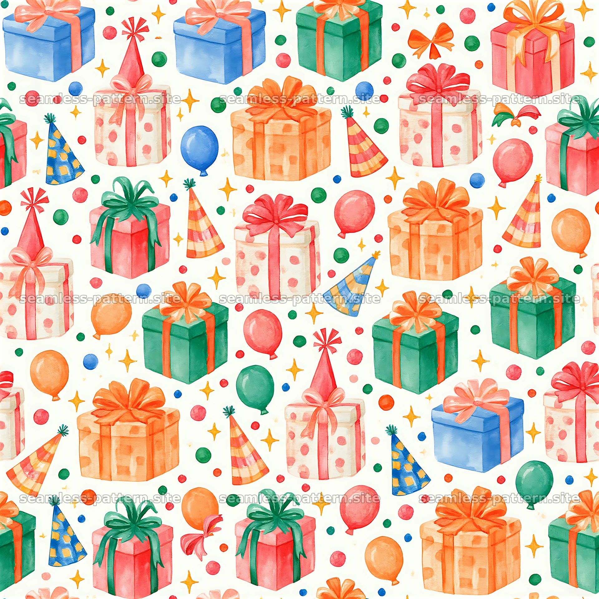 Birthday watercolor seamless pattern with gifts and balloons — seamless tileable pattern at 8192x8192