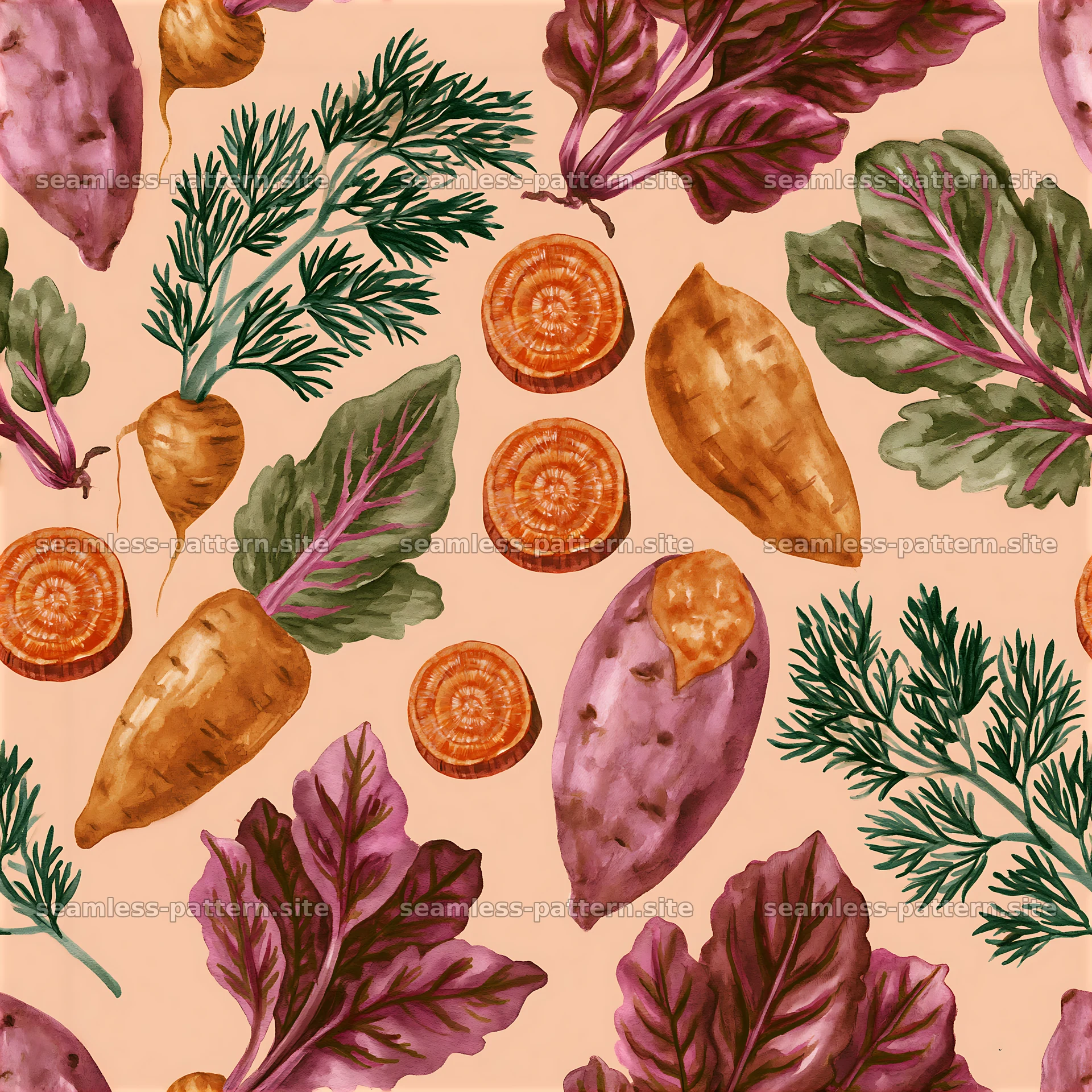 Seamless watercolor vegetable pattern with carrots, beets, and greens — seamless tileable pattern at 8192x8192