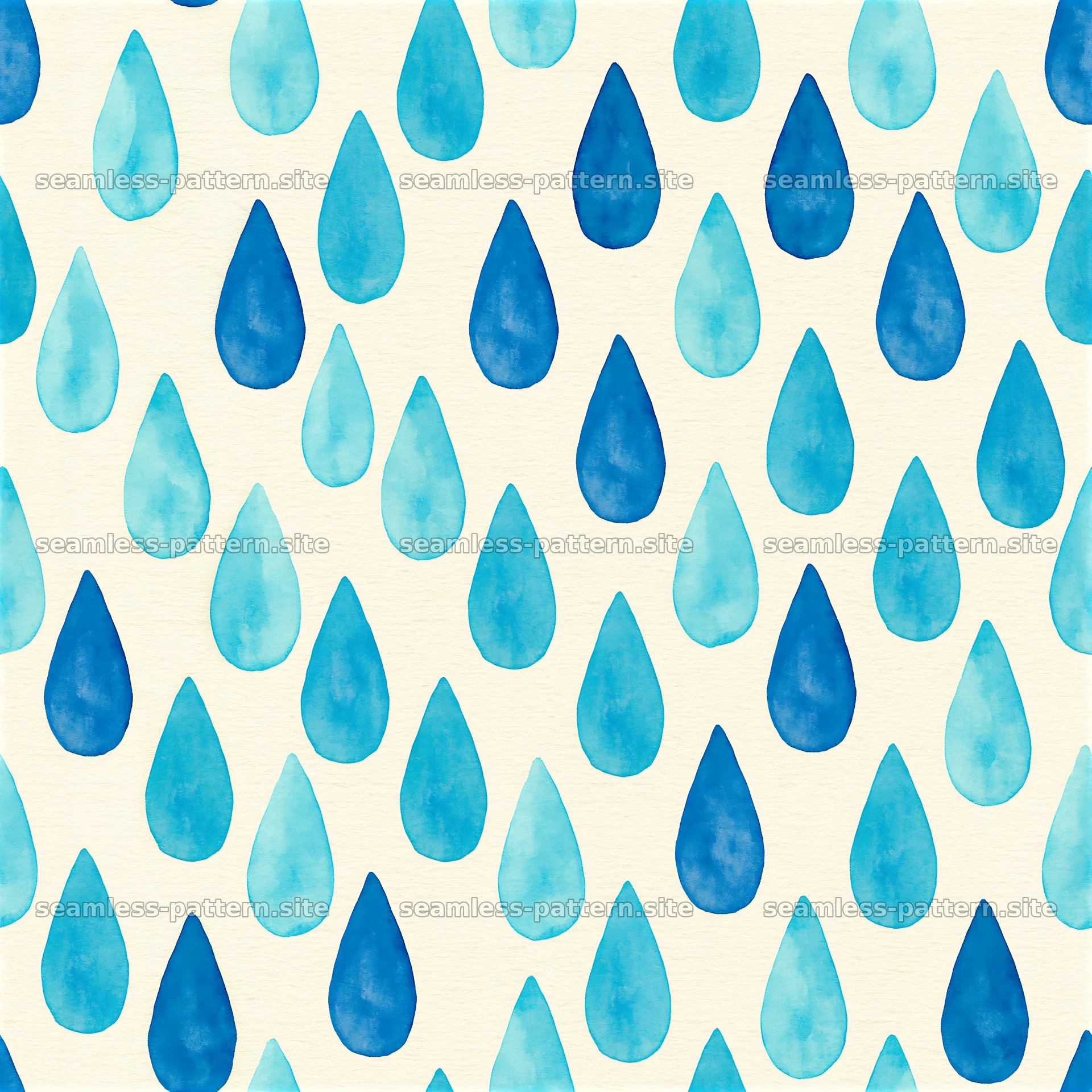 Seamless watercolor raindrop pattern in varying shades of blue — seamless tileable pattern at 8192x8192