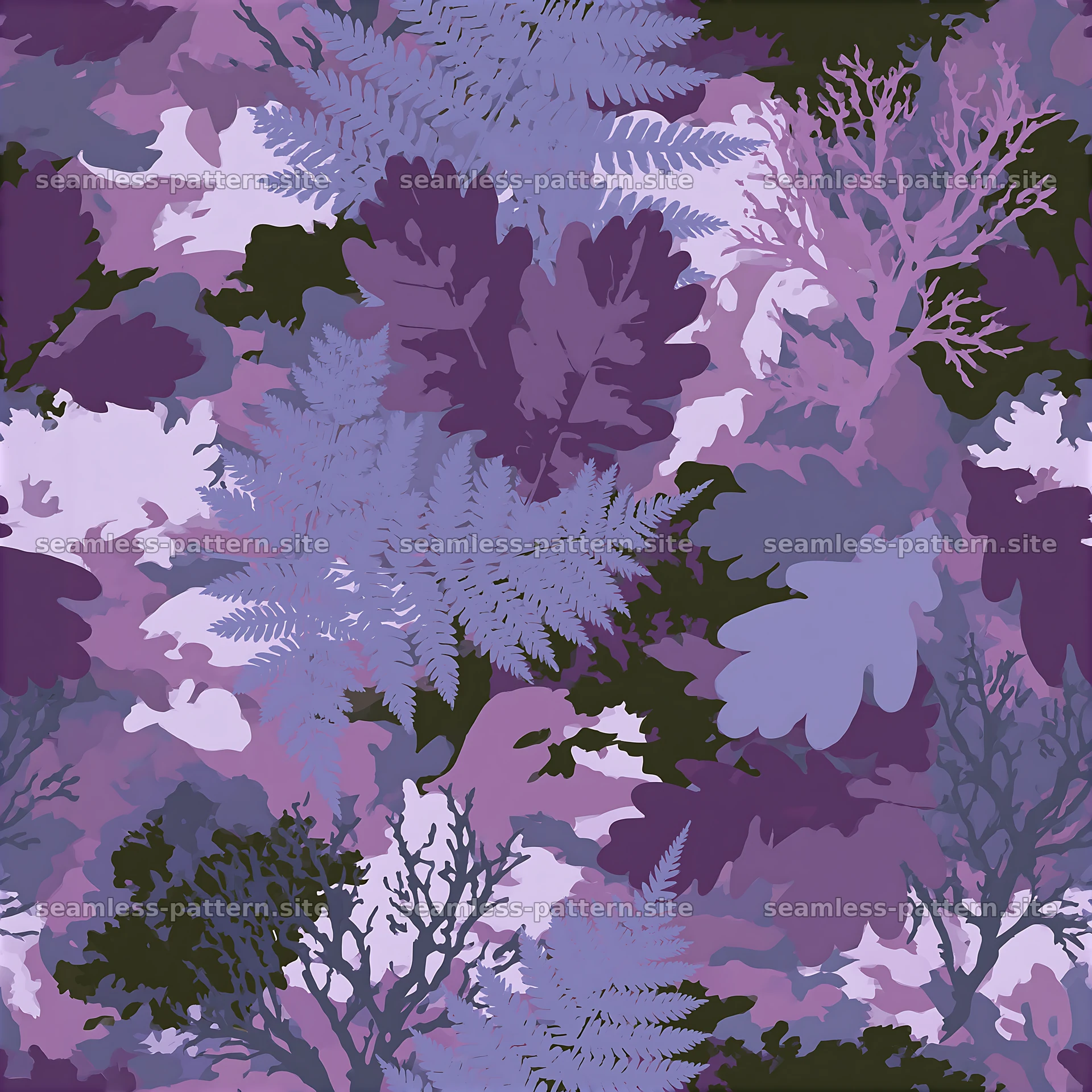 purple woodland camouflage repeat pattern with leaves and foliage — seamless tileable pattern at 8192x8192