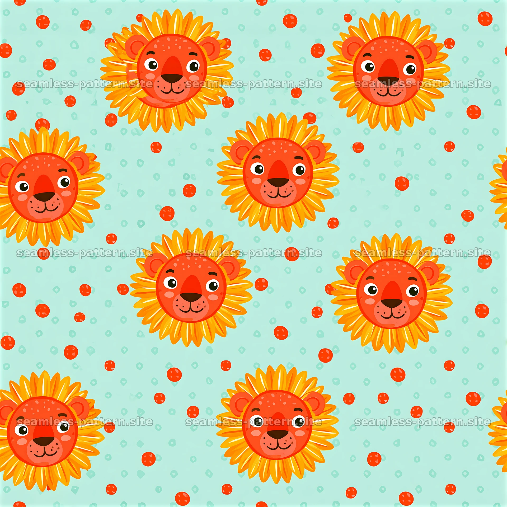 Cute cartoon lion face tileable pattern with bright colors — seamless tileable pattern at 8192x8192