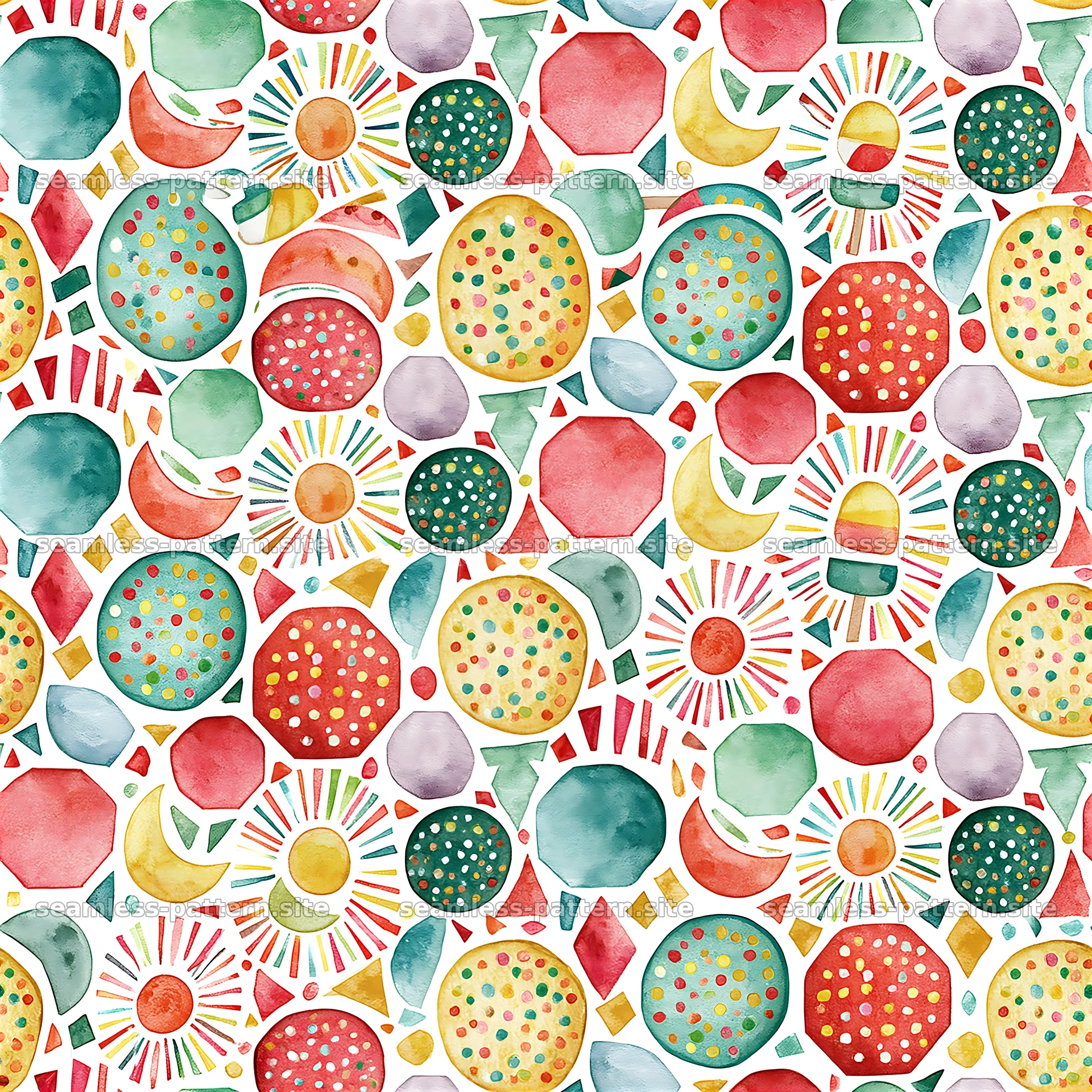 Colorful geometric seamless pattern with various shapes and designs — seamless tileable pattern at 8192x8192