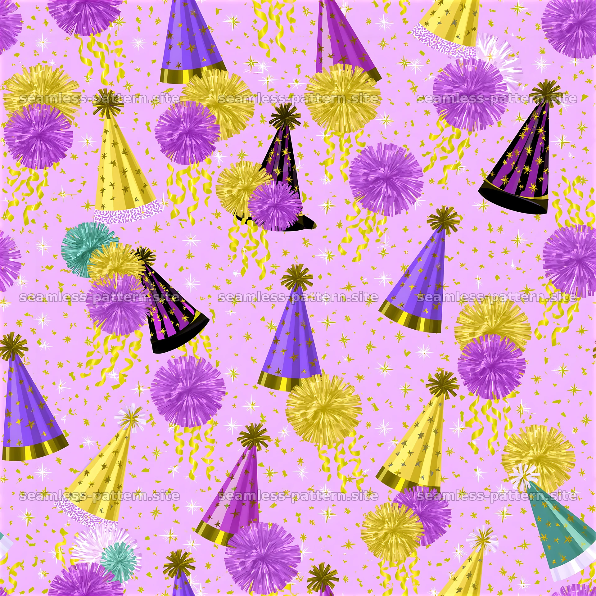 Colorful party hats and pom poms on a pink background seamless pattern — seamless tileable pattern at 8192x8192