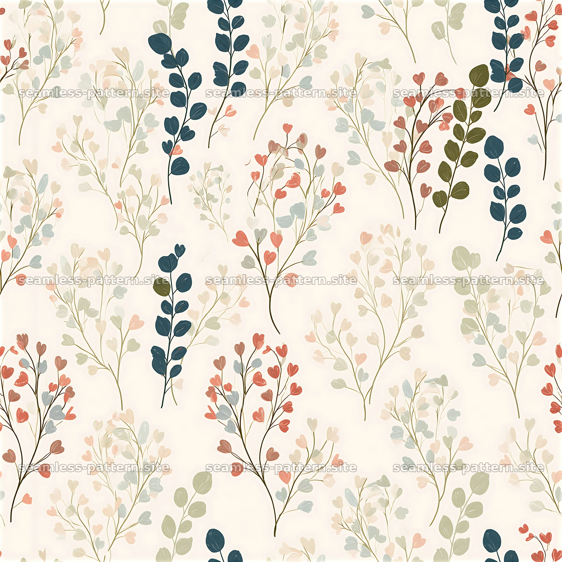 Seamless botanical heart pattern with delicate flowers and leaves — seamless tileable pattern at 8192x8192