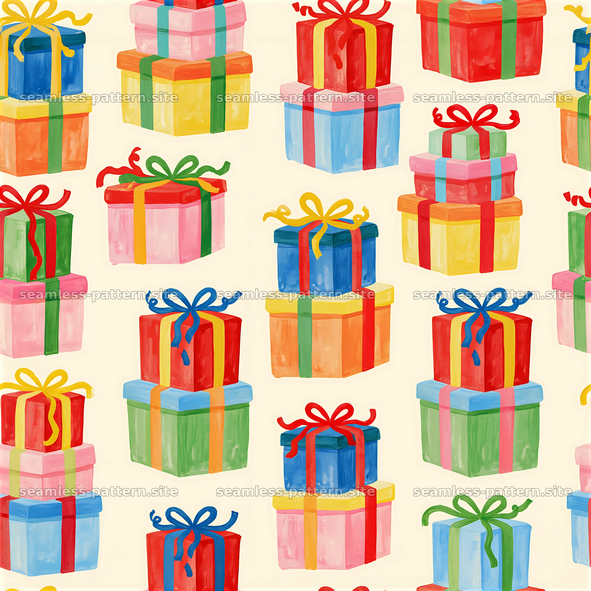 Repeat pattern with colorful present stacks in various shapes — seamless tileable pattern at 8192x8192