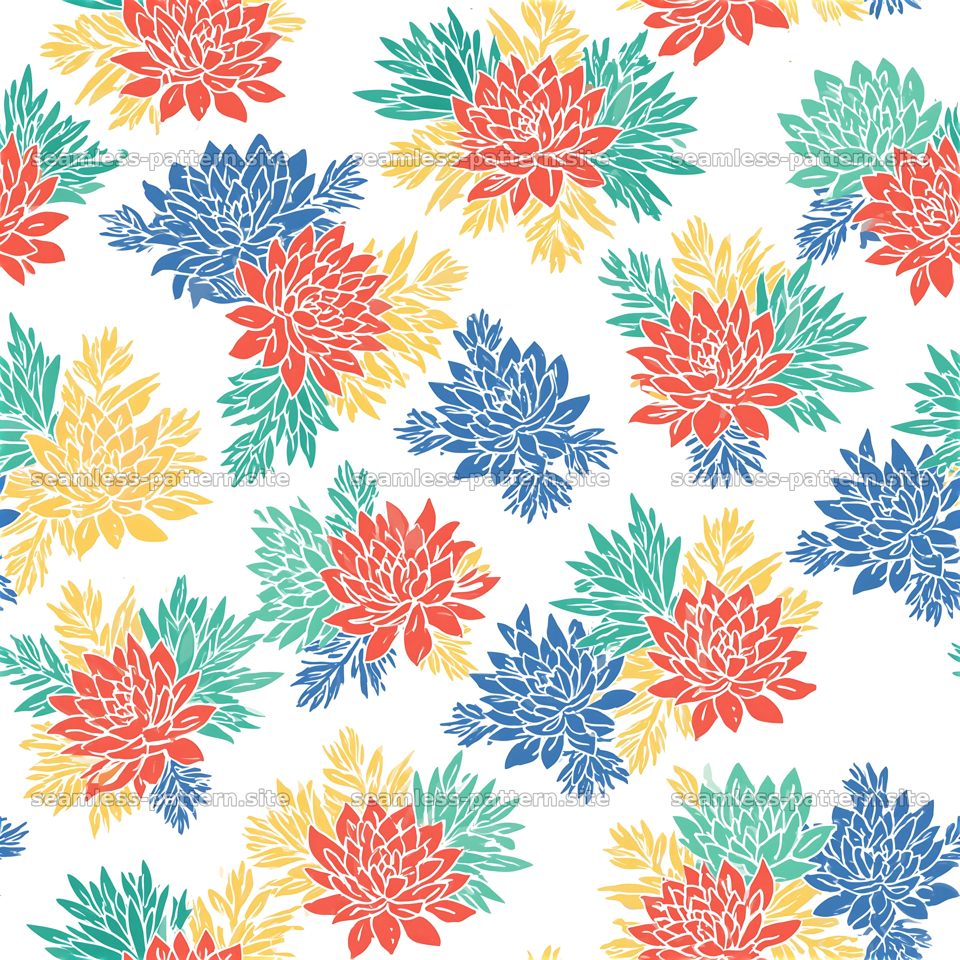Bright flowers with green leaves arranged in a seamless pattern — seamless tileable pattern at 8192x8192