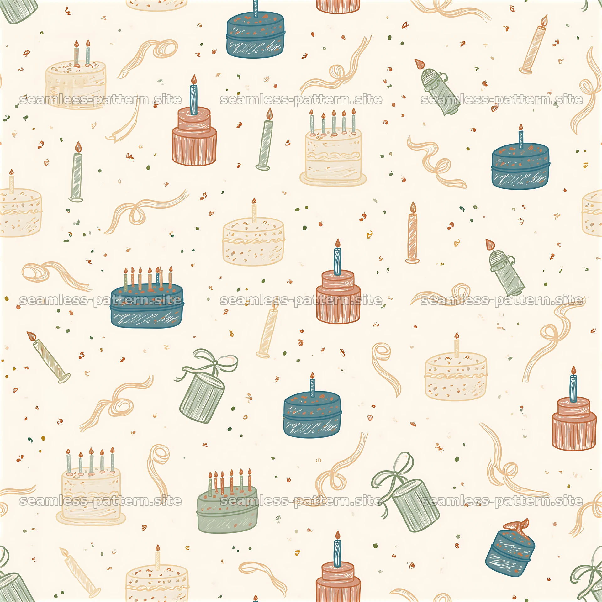 Birthday doodle seamless pattern with cakes and candles — seamless tileable pattern at 8192x8192