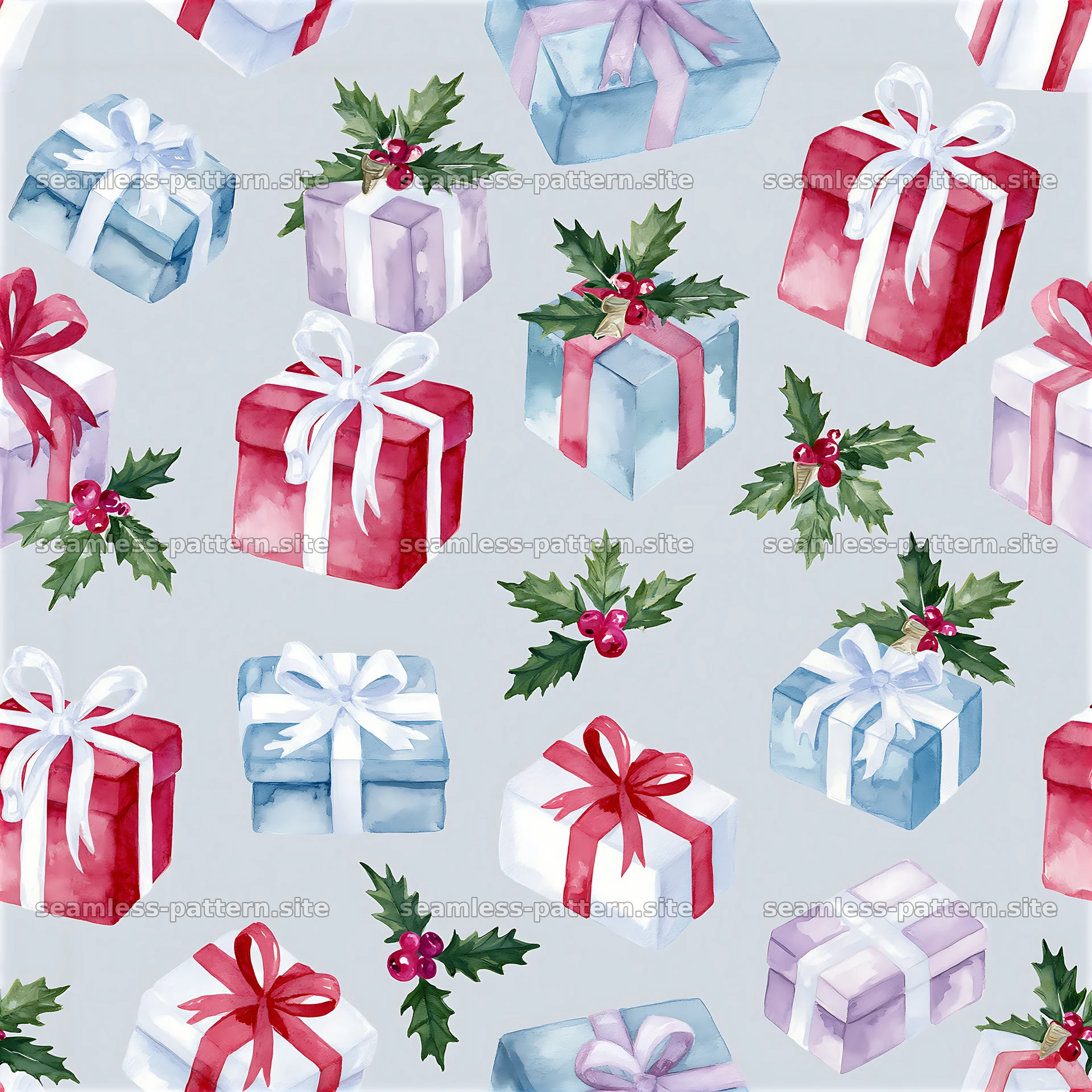 Festive present boxes on a light background with holly accents — seamless tileable pattern at 8192x8192