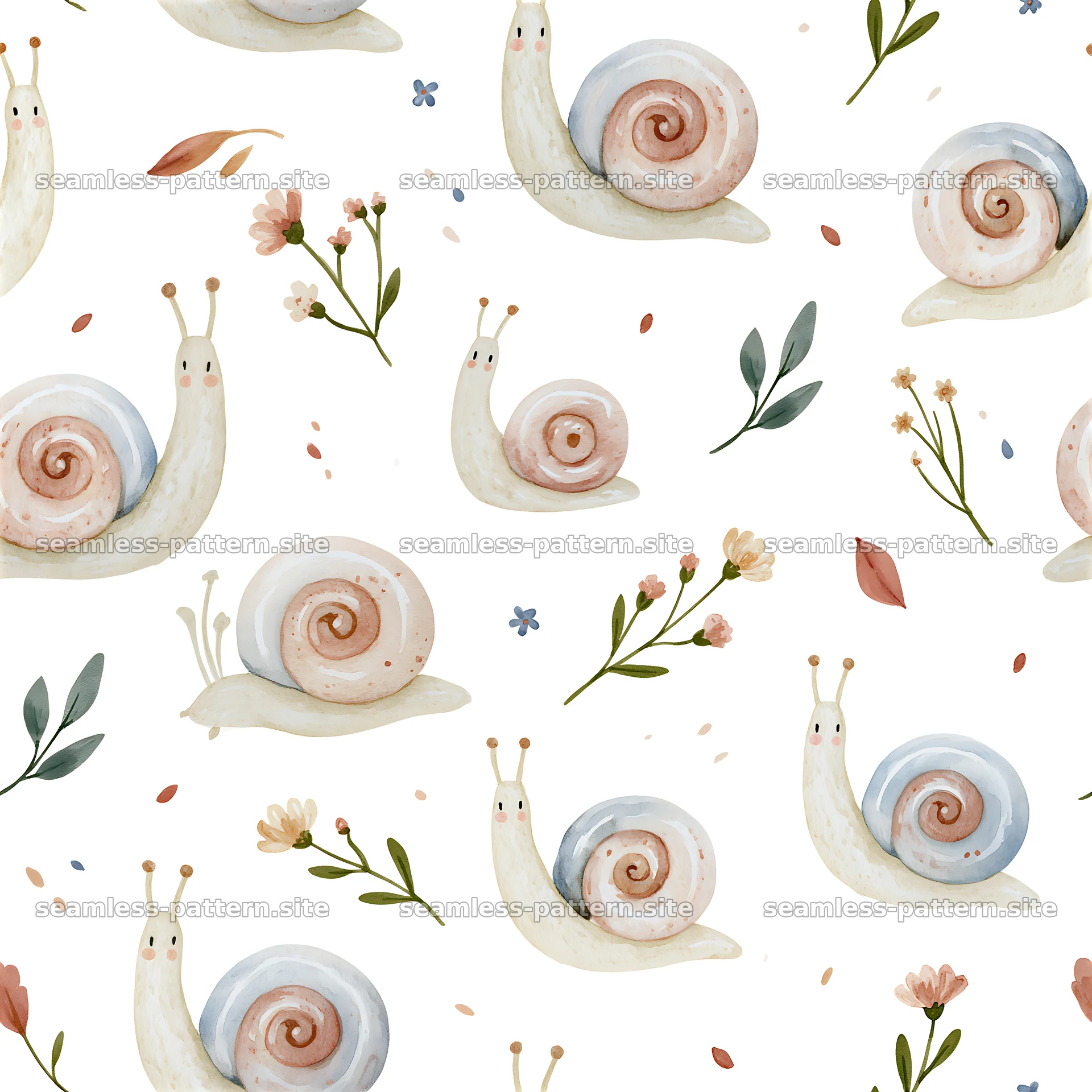 Cute snail seamless pattern for kids with flowers and leaves — seamless tileable pattern at 8192x8192