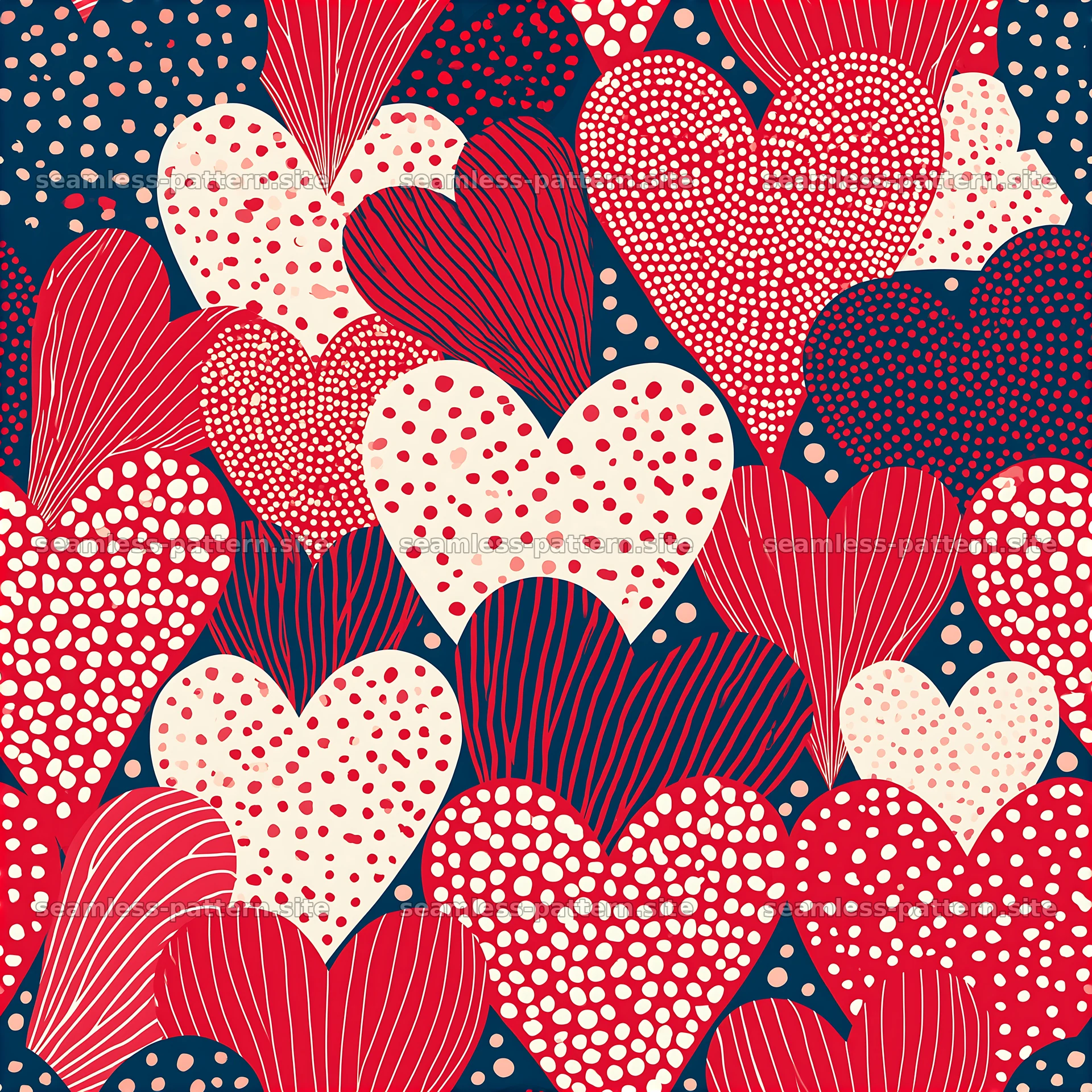 Red and Cream Heart Pattern on Navy Background — seamless tileable pattern at 8192x8192