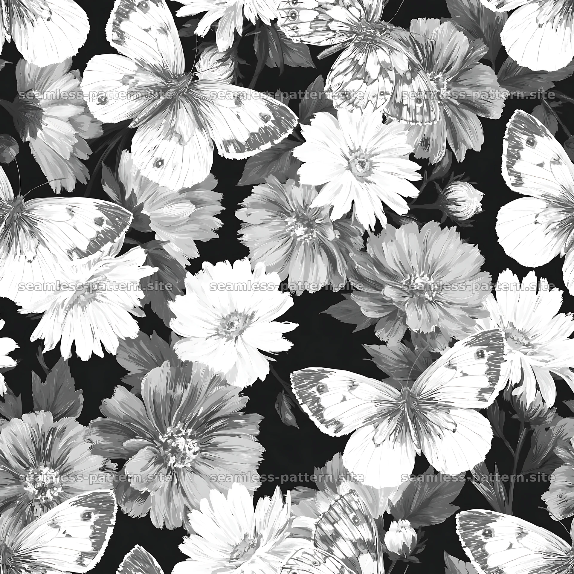 Butterfly and daisy seamless pattern in black and white — seamless tileable pattern