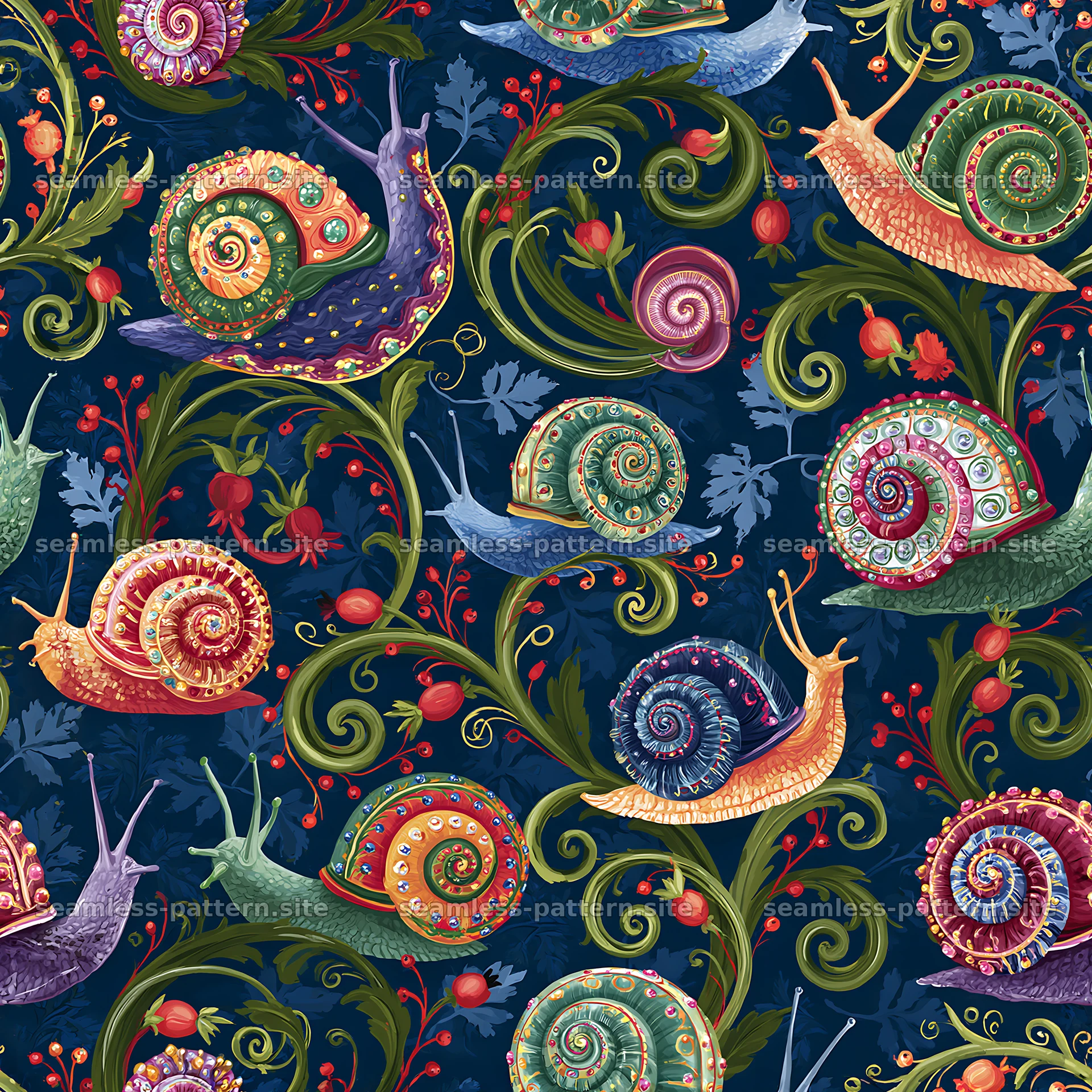 Colorful garden snails in a seamless repeating pattern — seamless tileable pattern