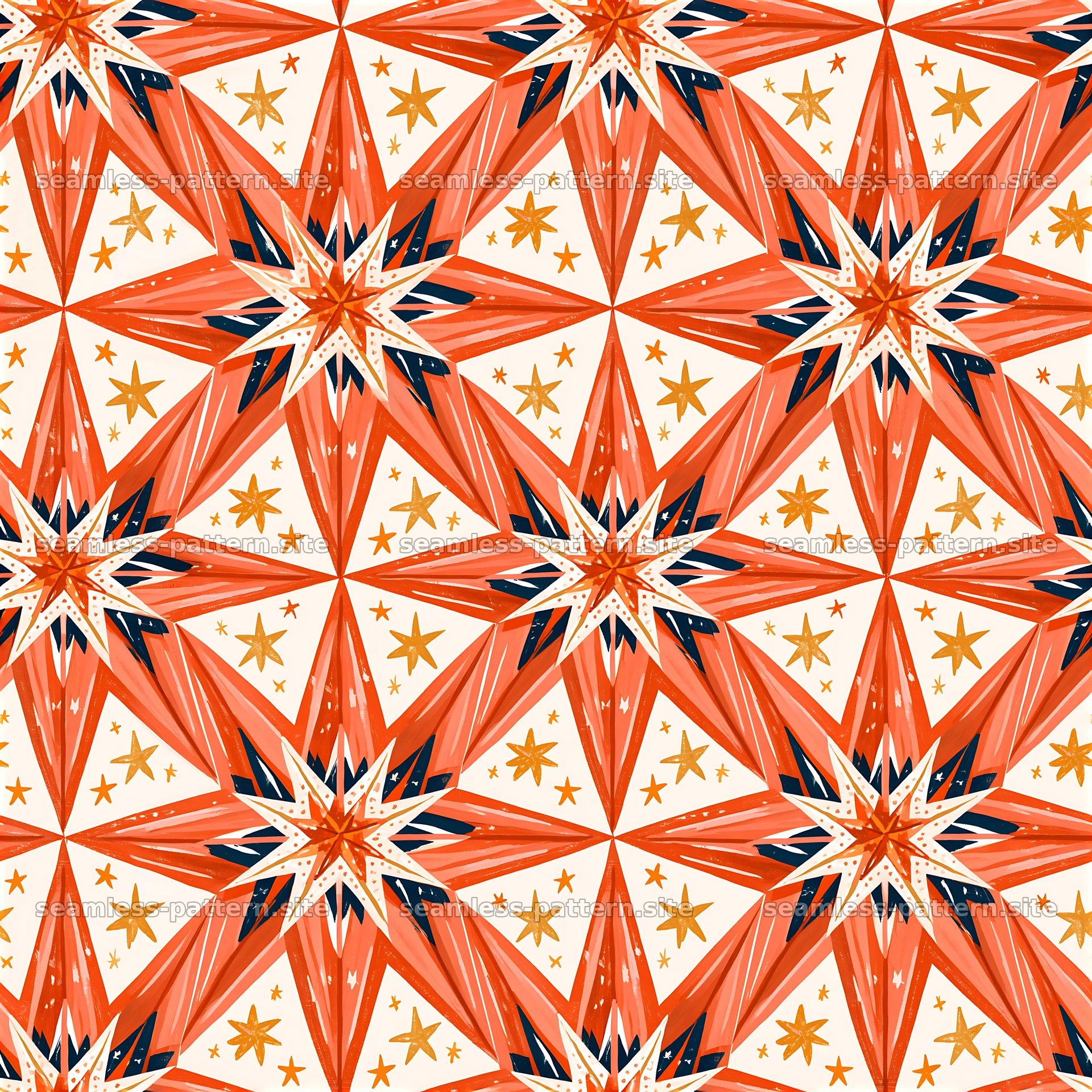 Coral and Gold Starburst Seamless Pattern — seamless tileable pattern at 8192x8192